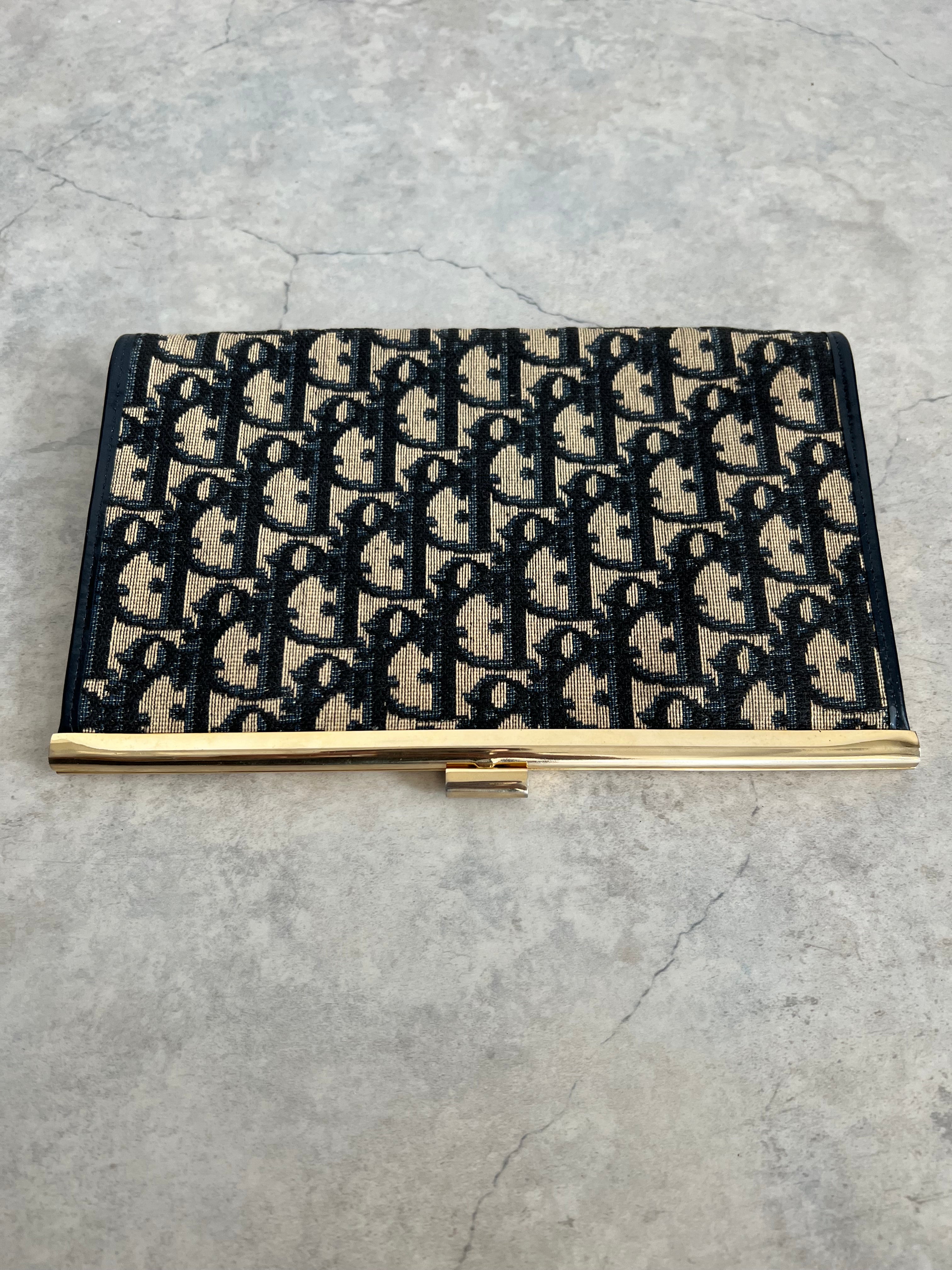 Oblique Jacquard Clutch in Navy Blue with Goldtone Frame