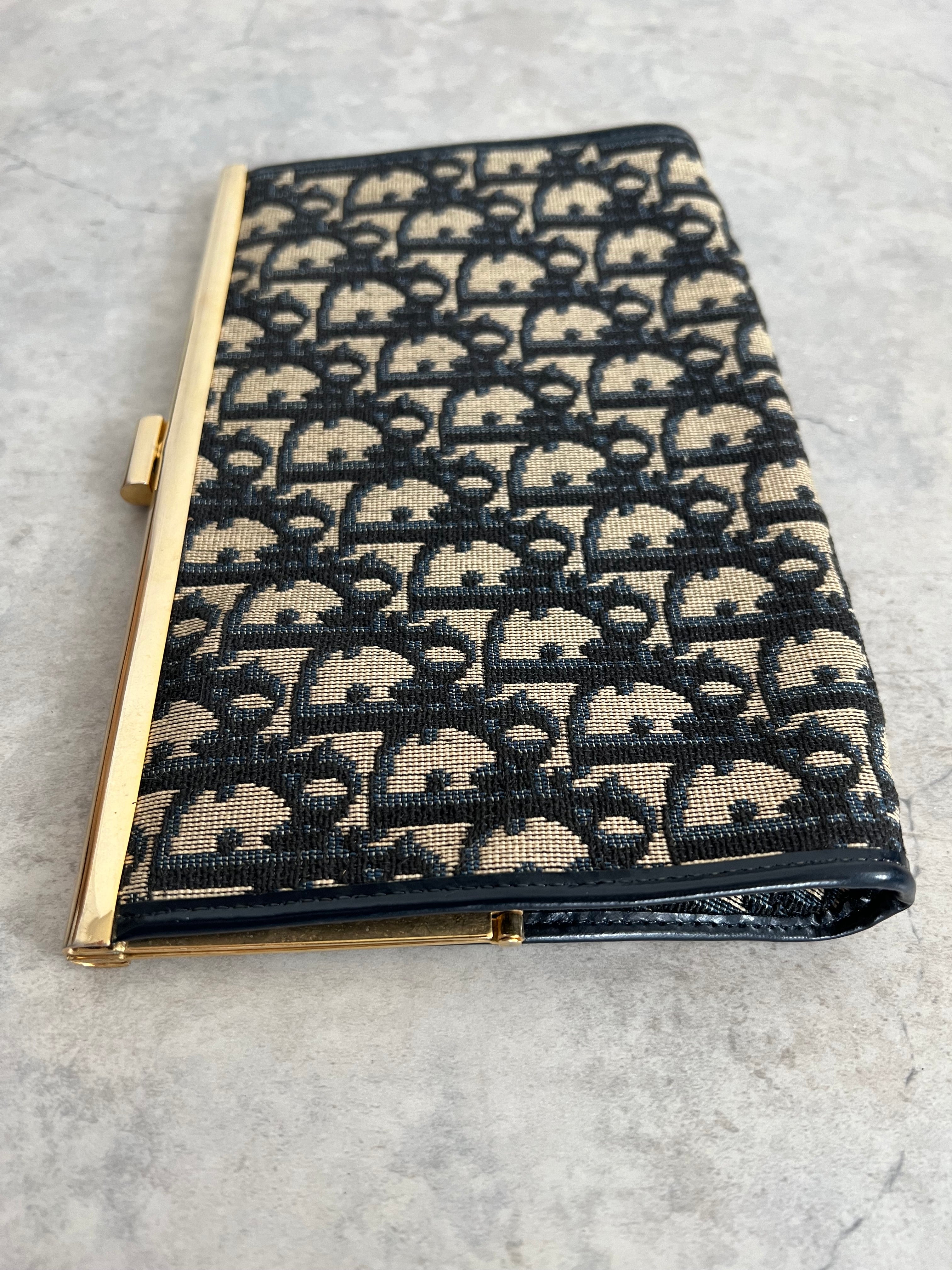 Oblique Jacquard Clutch in Navy Blue with Goldtone Frame