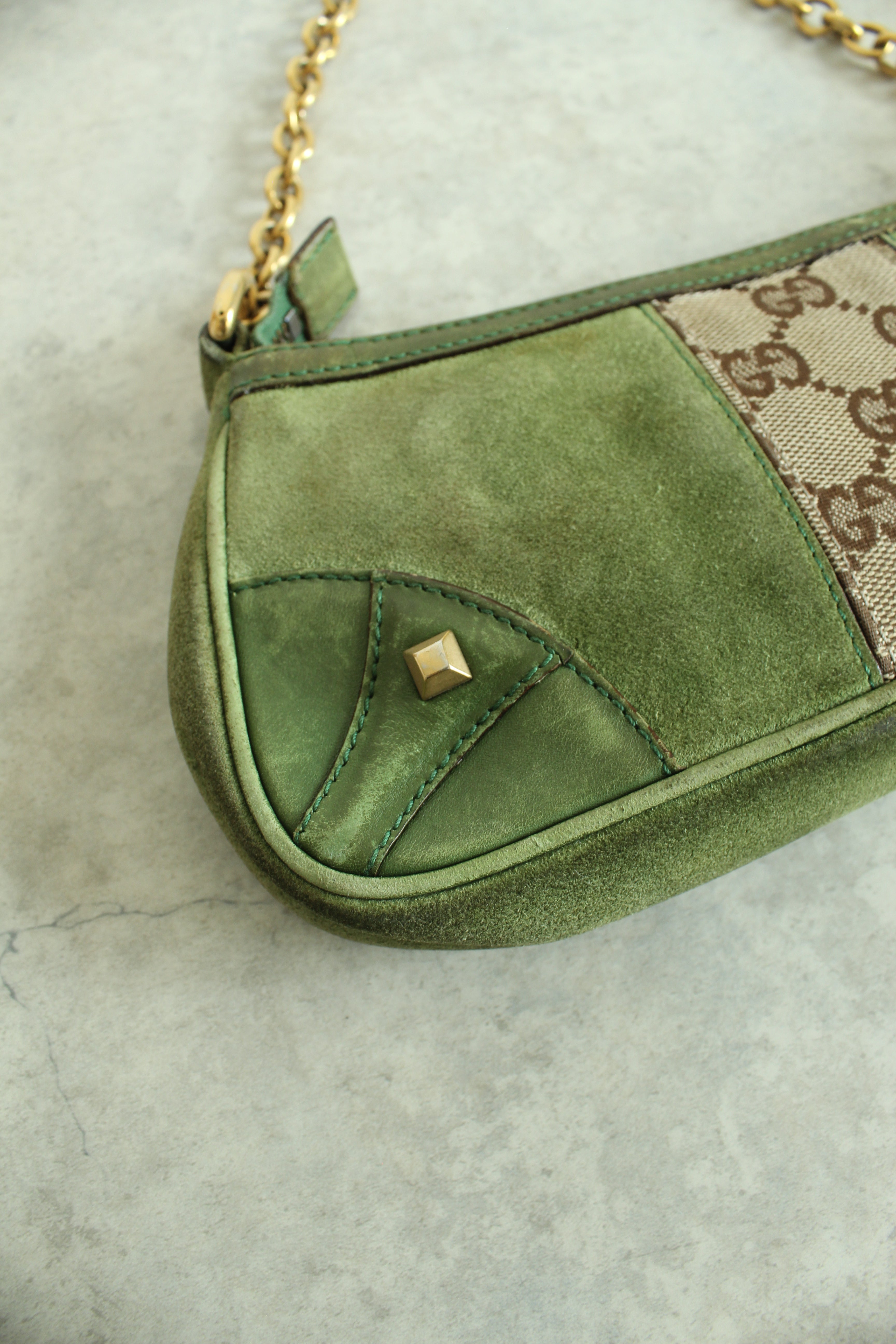 Chain Canvas Mini Purse in Green Suede