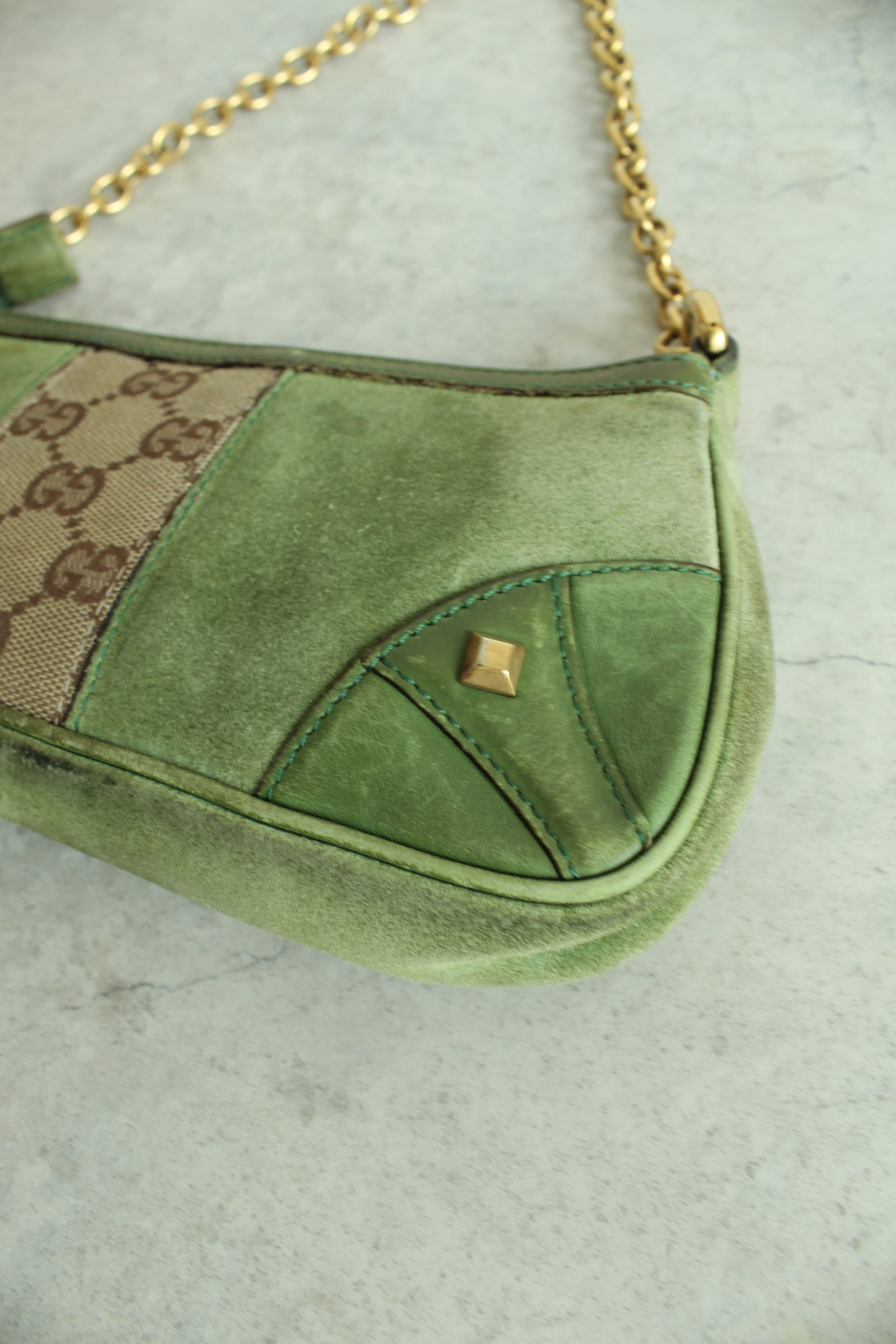Chain Canvas Mini Purse in Green Suede