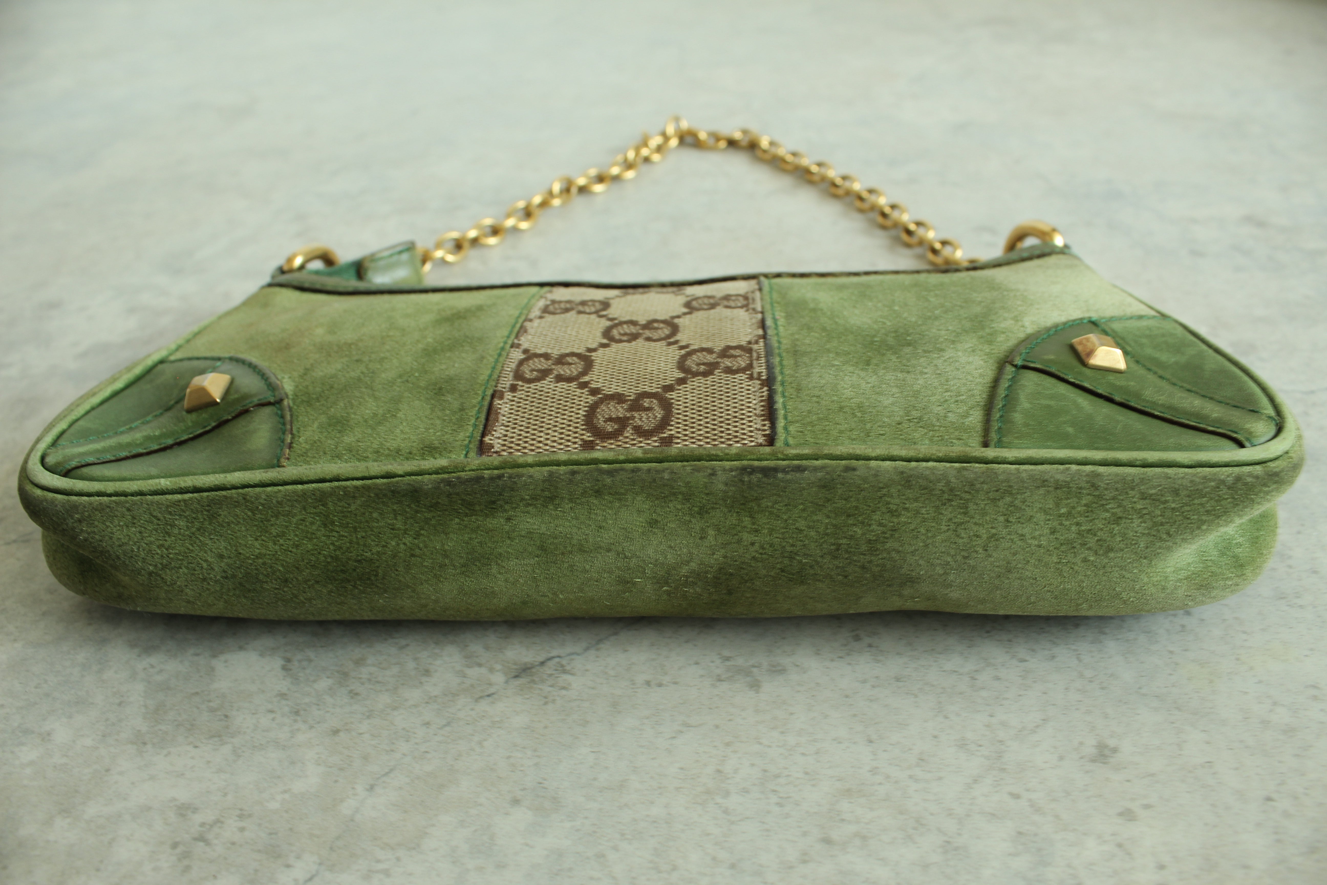 Chain Canvas Mini Purse in Green Suede
