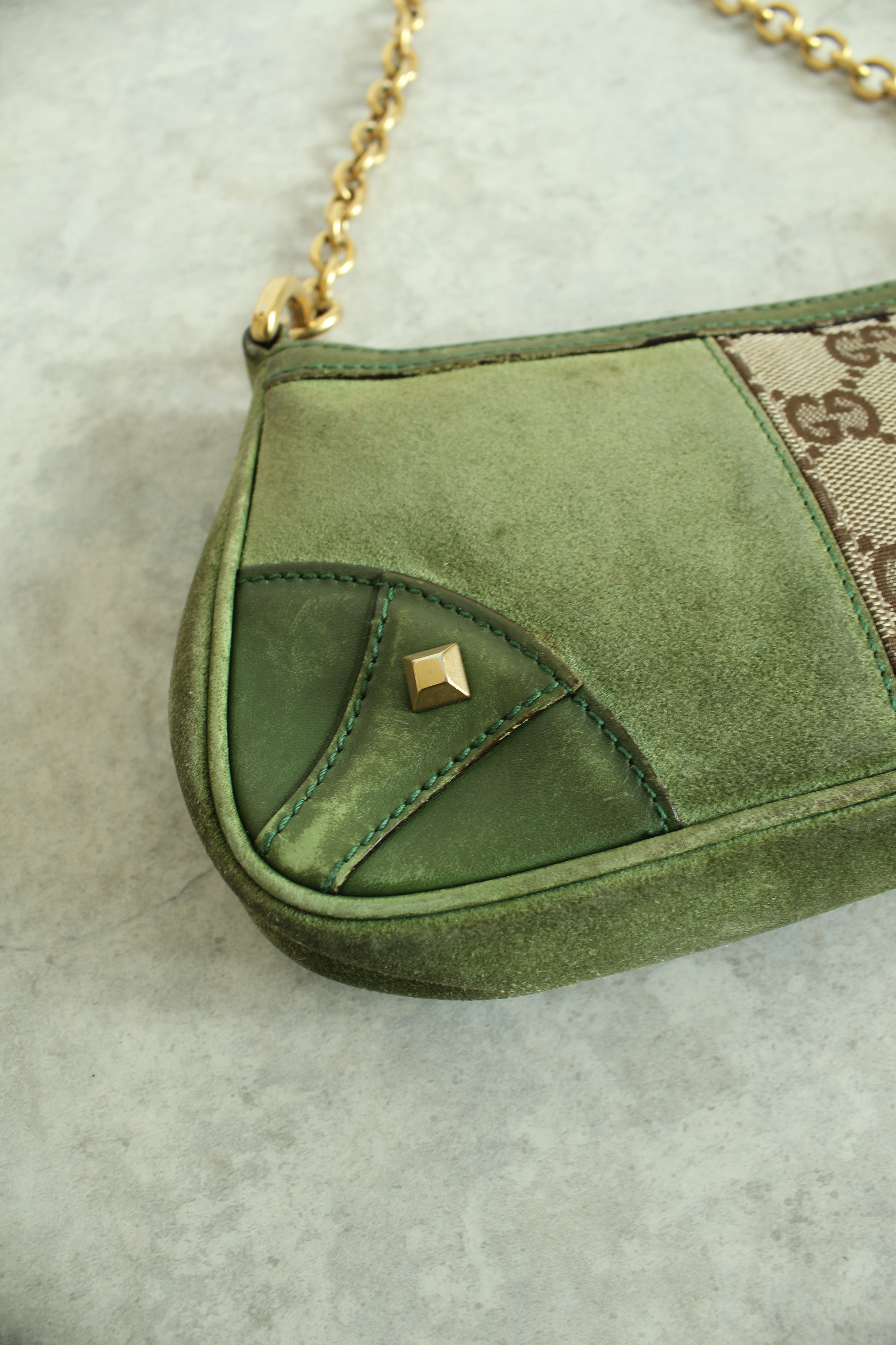 Chain Canvas Mini Purse in Green Suede