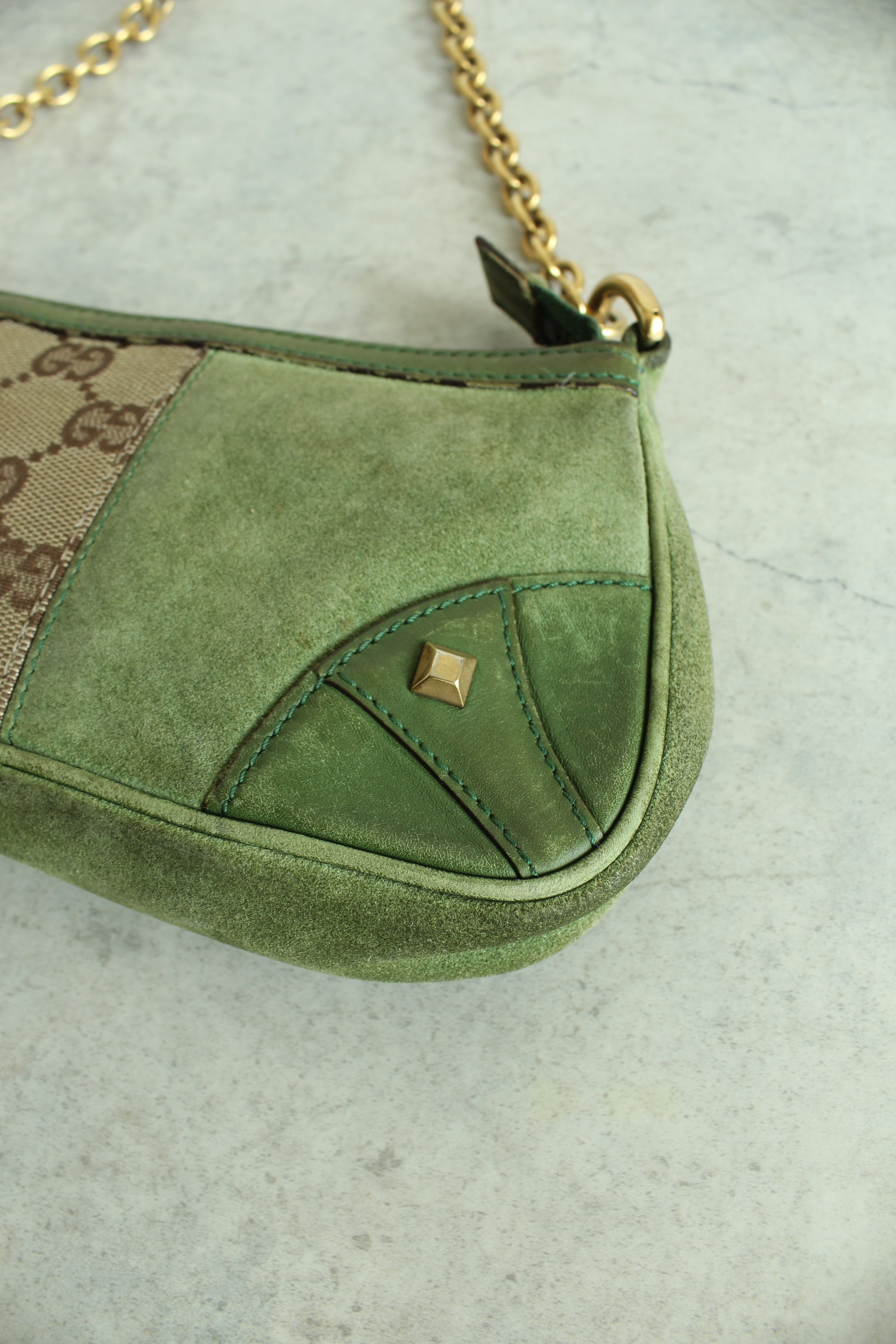 Chain Canvas Mini Purse in Green Suede