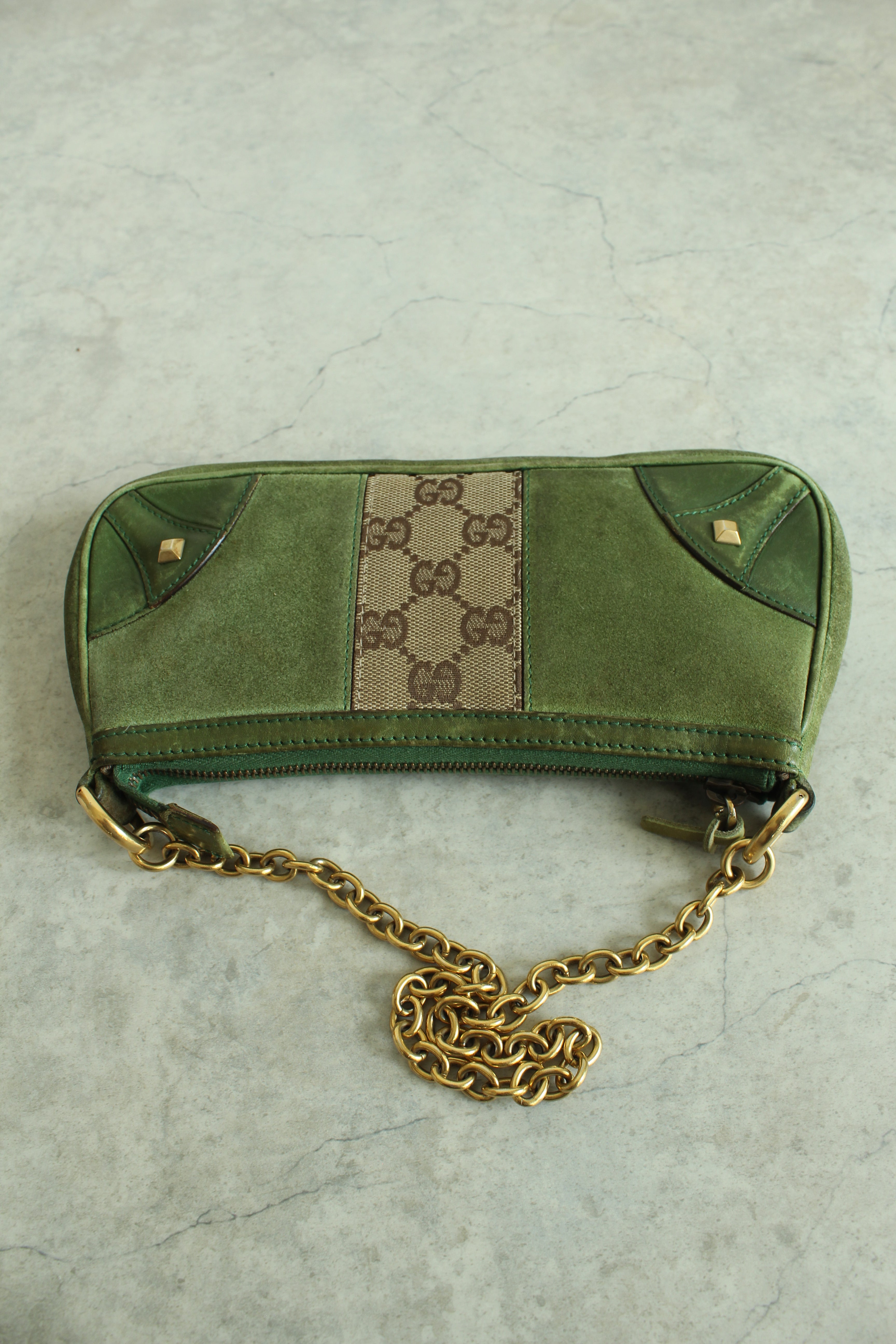 Chain Canvas Mini Purse in Green Suede