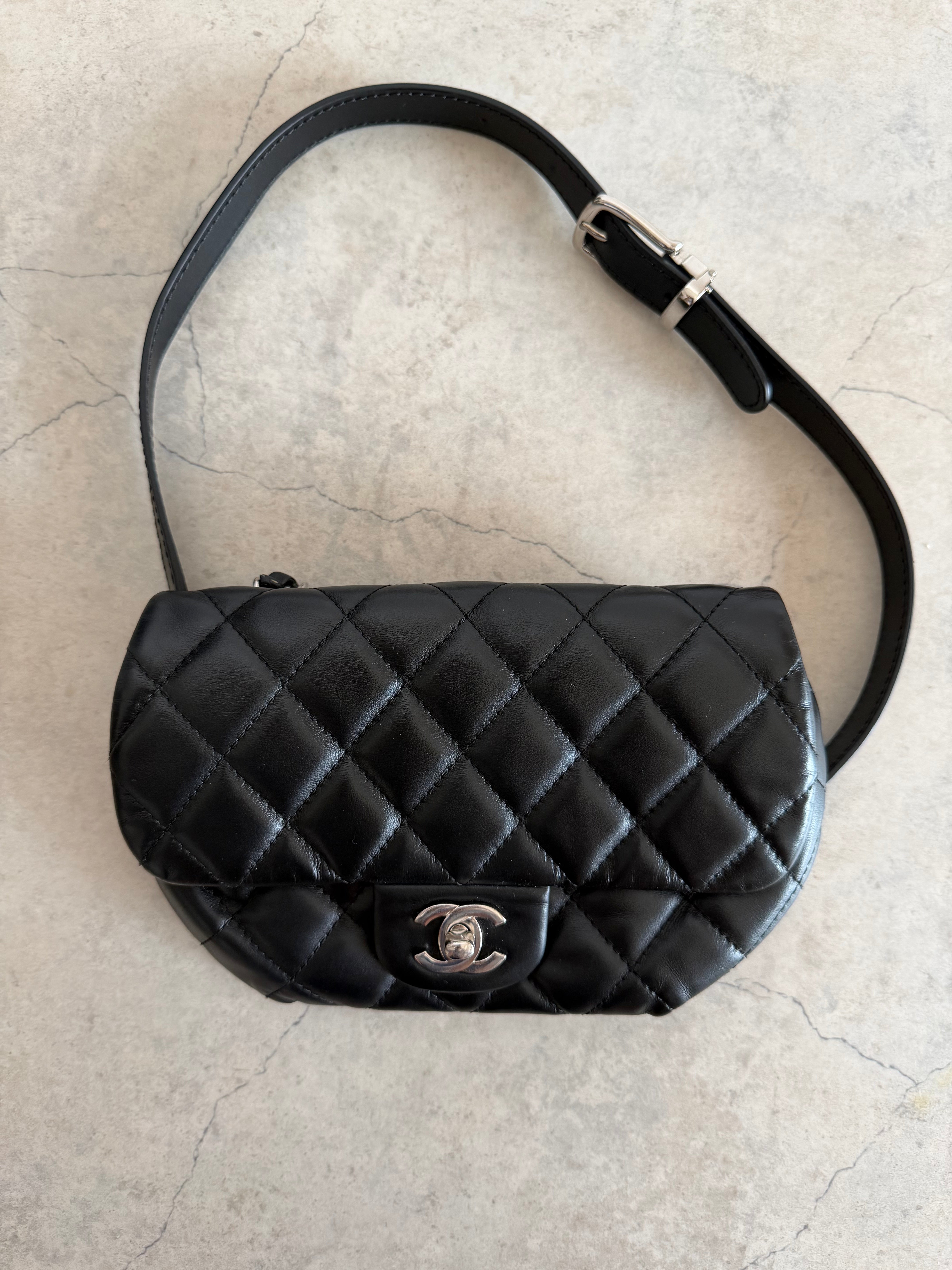 Uniform Quilted Leather Flap Shoulder Bag Black Silver CC