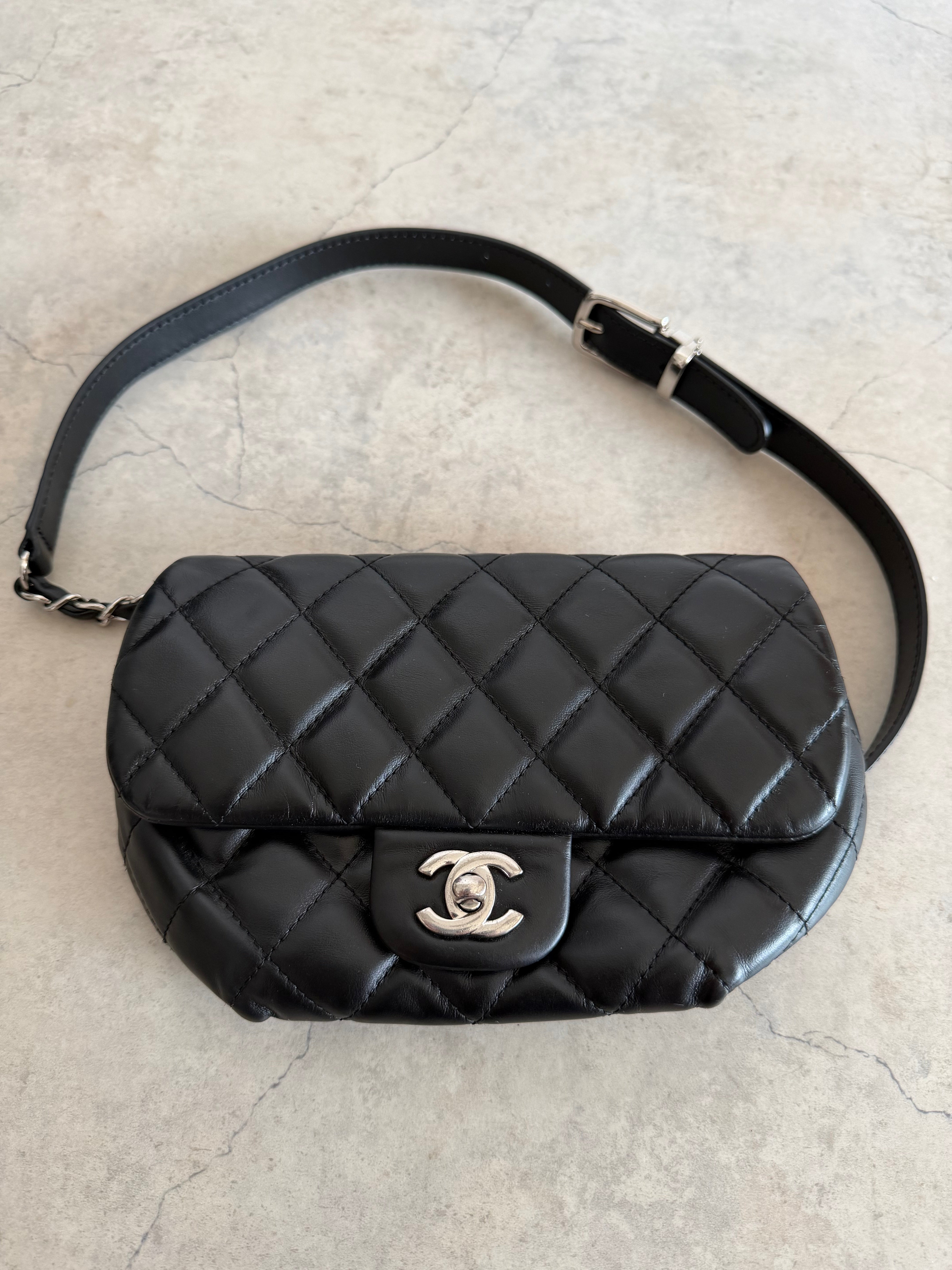 Uniform Quilted Leather Flap Shoulder Bag Black Silver CC