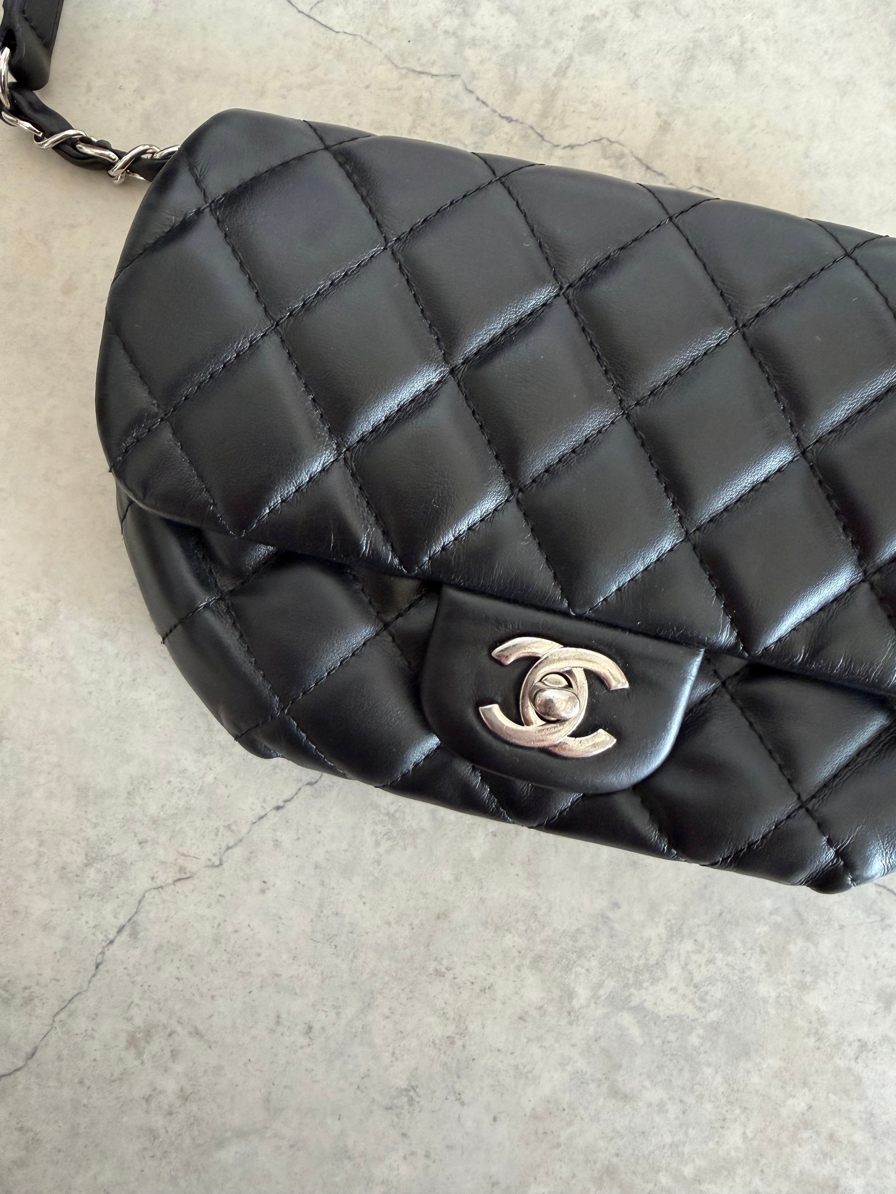 Uniform Quilted Leather Flap Shoulder Bag Black Silver CC