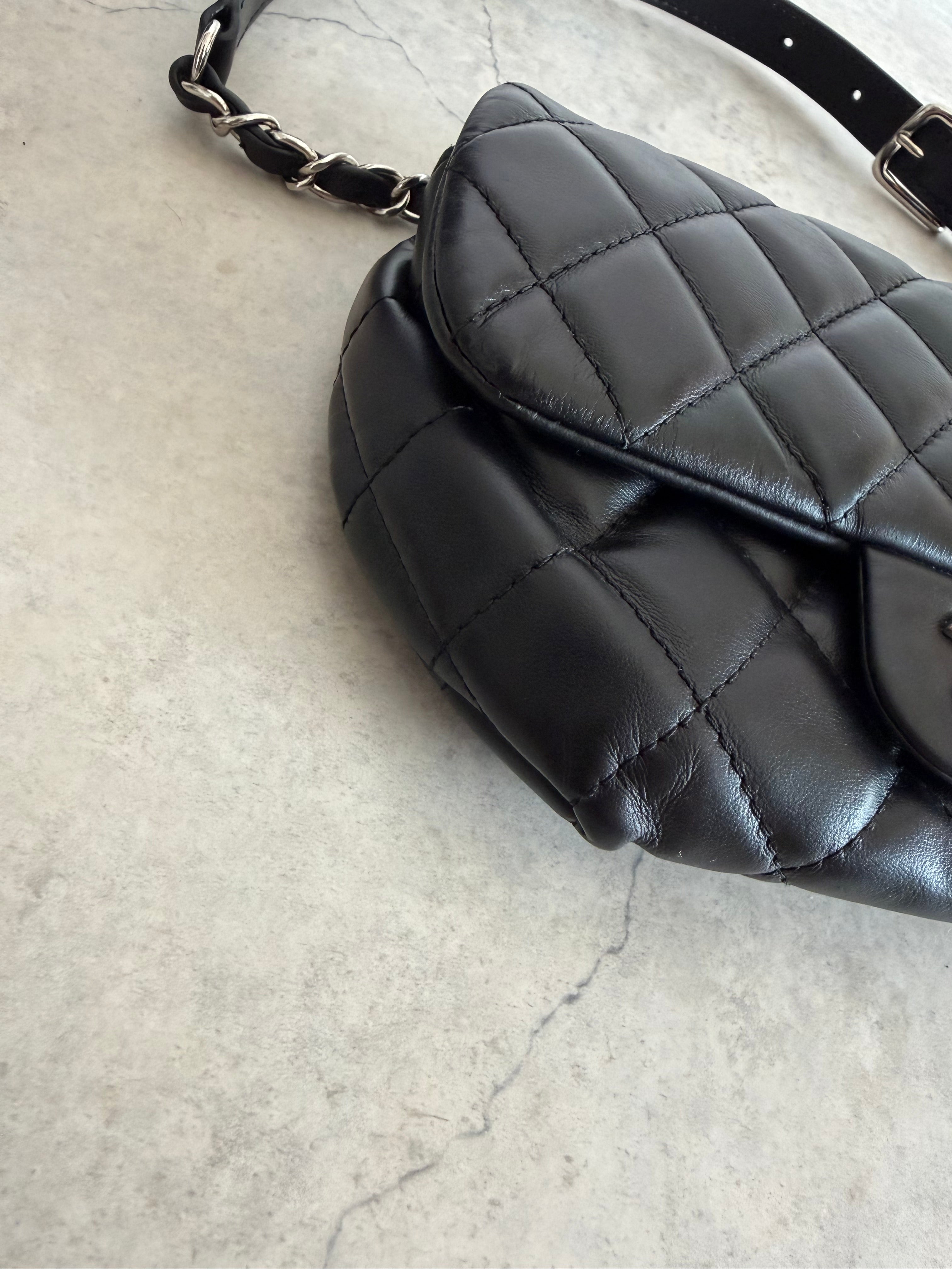 Uniform Quilted Leather Flap Shoulder Bag Black Silver CC