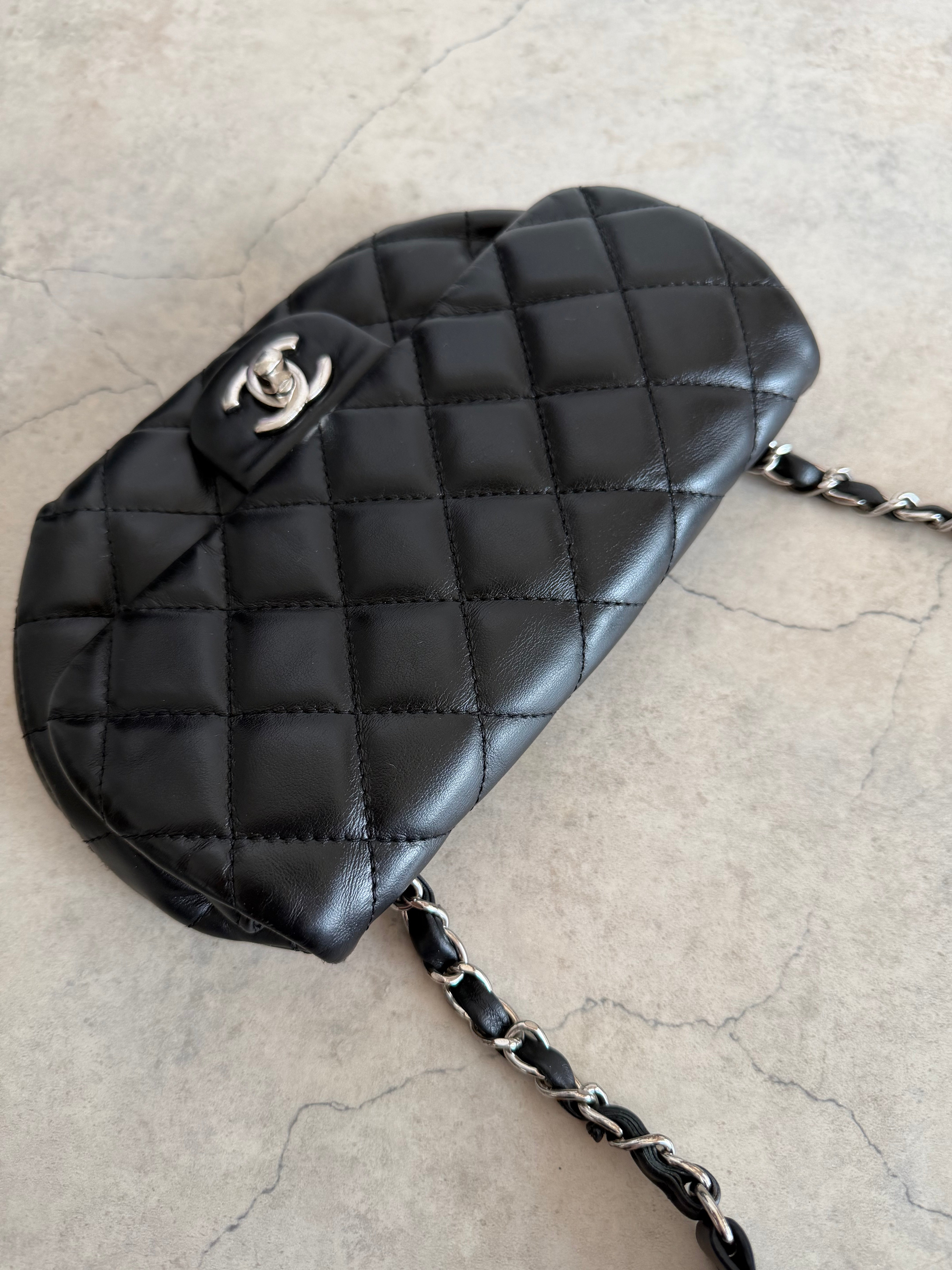 Uniform Quilted Leather Flap Shoulder Bag Black Silver CC
