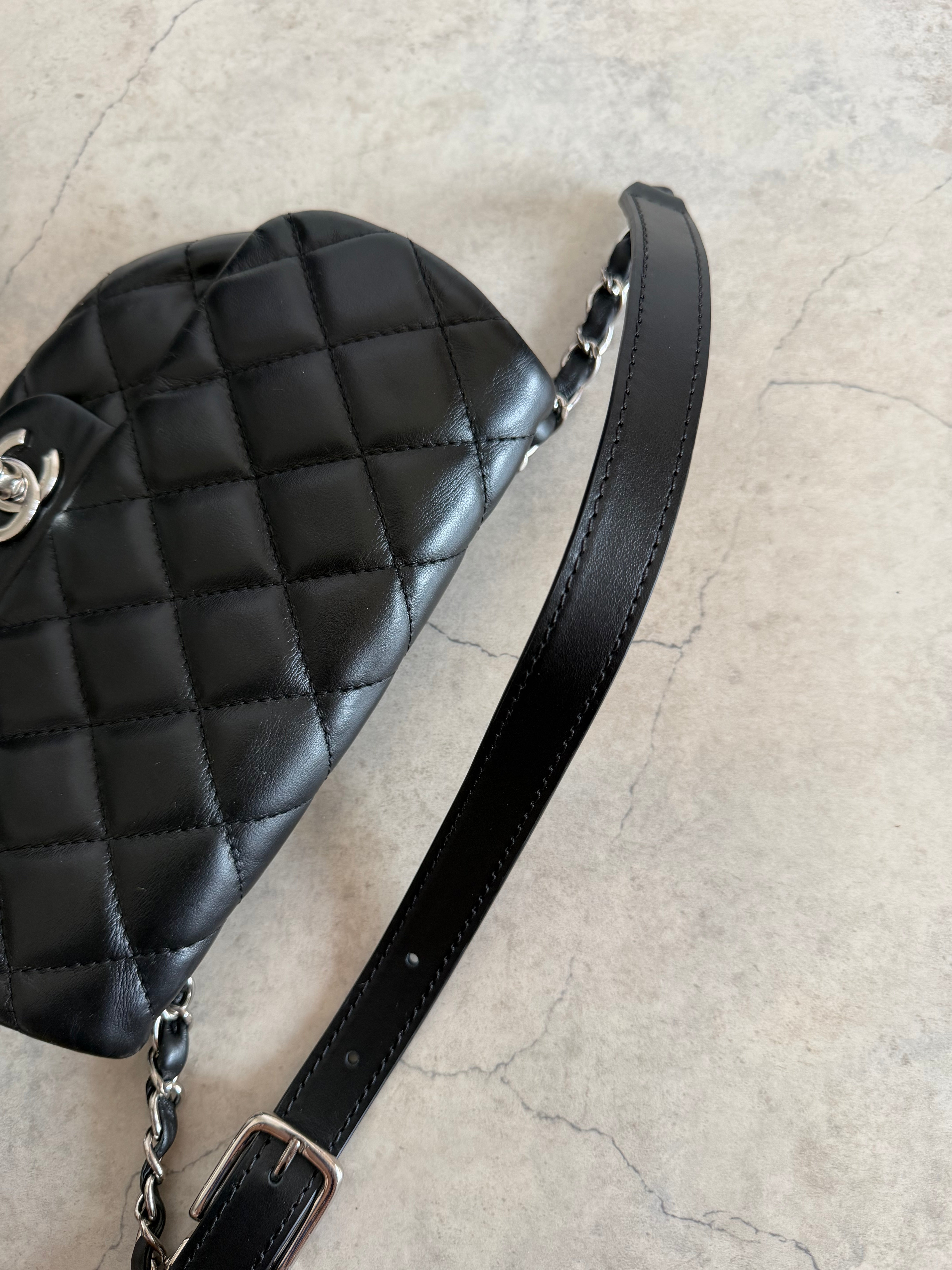 Uniform Quilted Leather Flap Shoulder Bag Black Silver CC