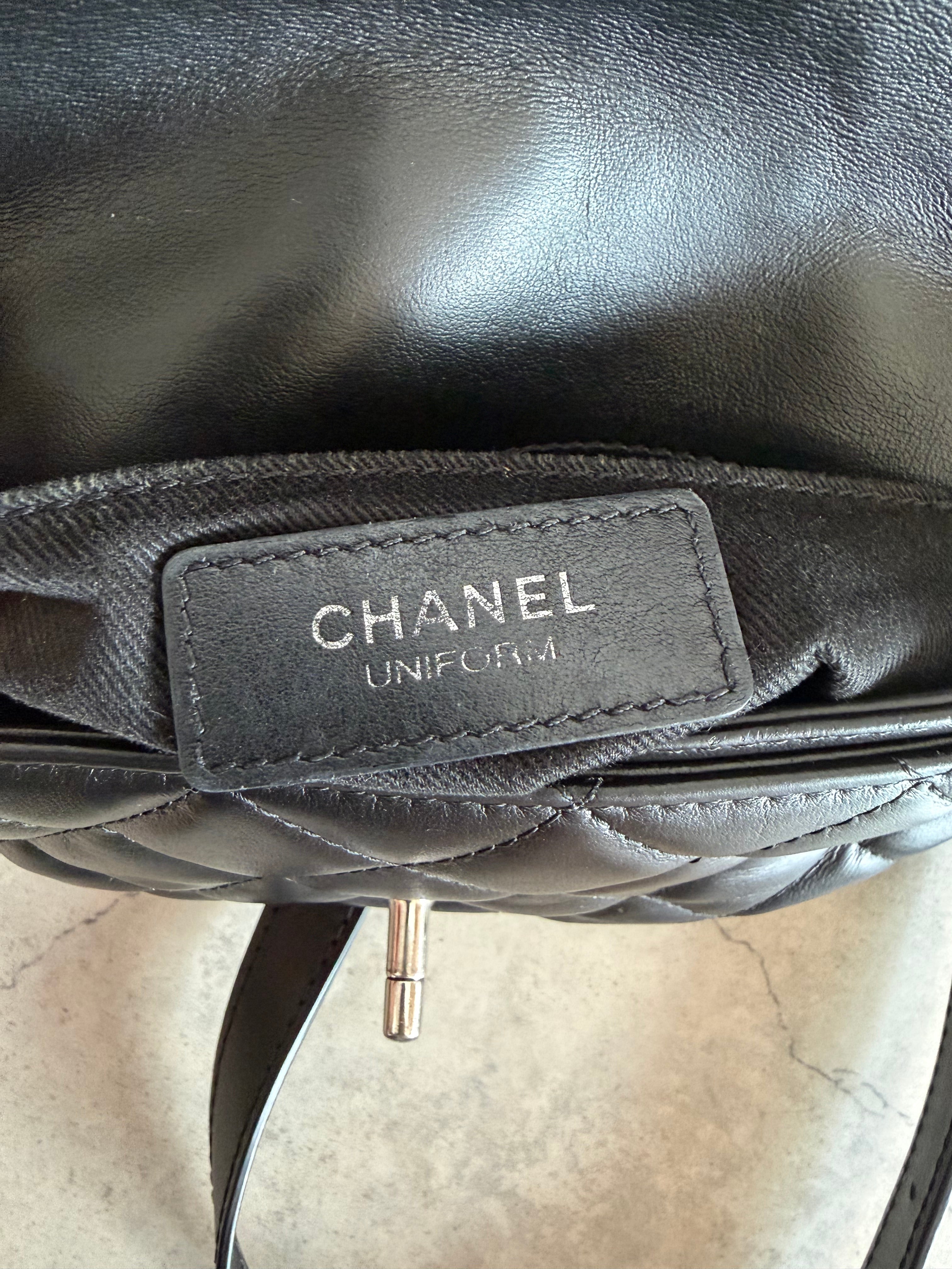 Uniform Quilted Leather Flap Shoulder Bag Black Silver CC