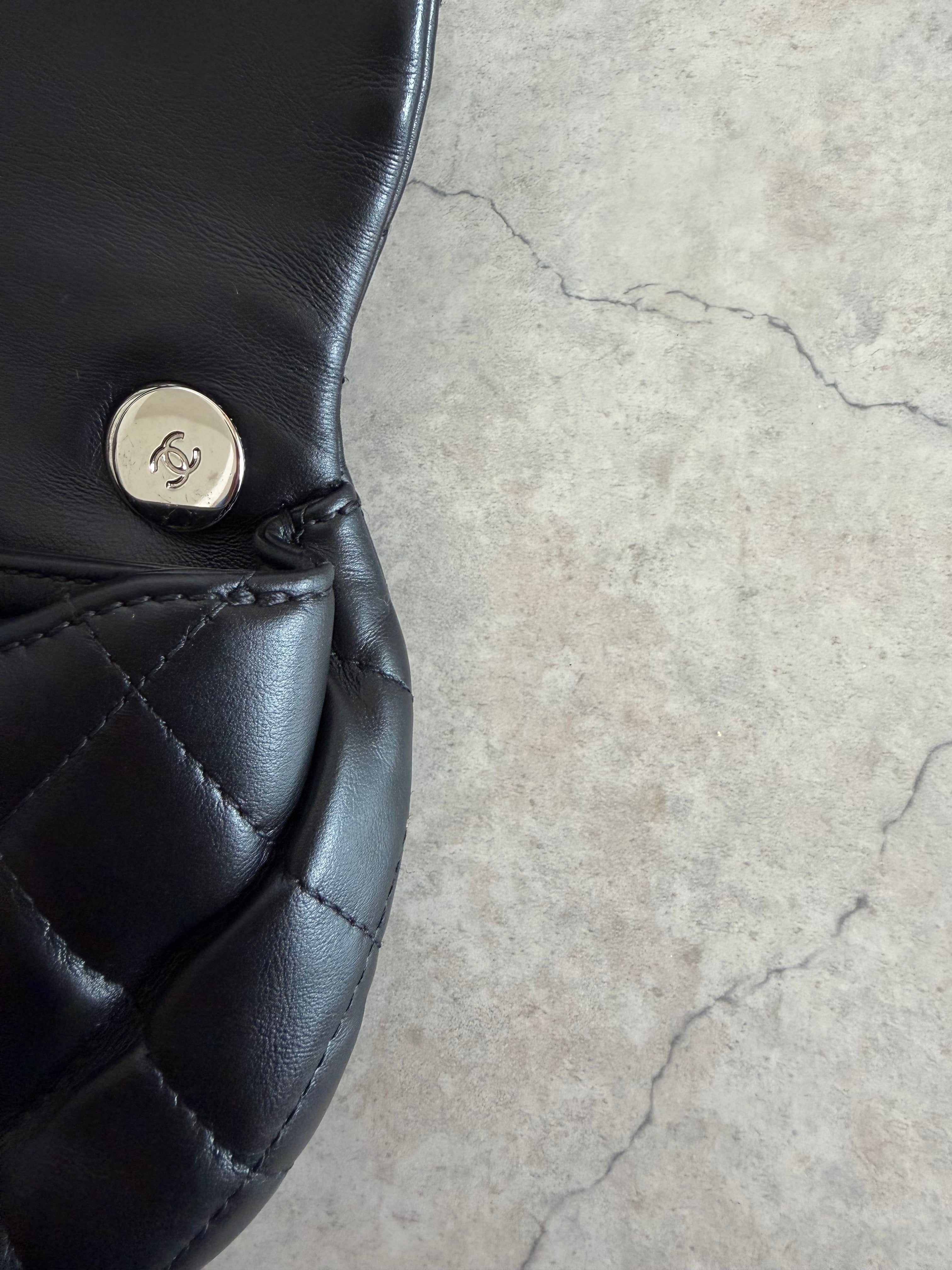 Uniform Quilted Leather Flap Shoulder Bag Black Silver CC