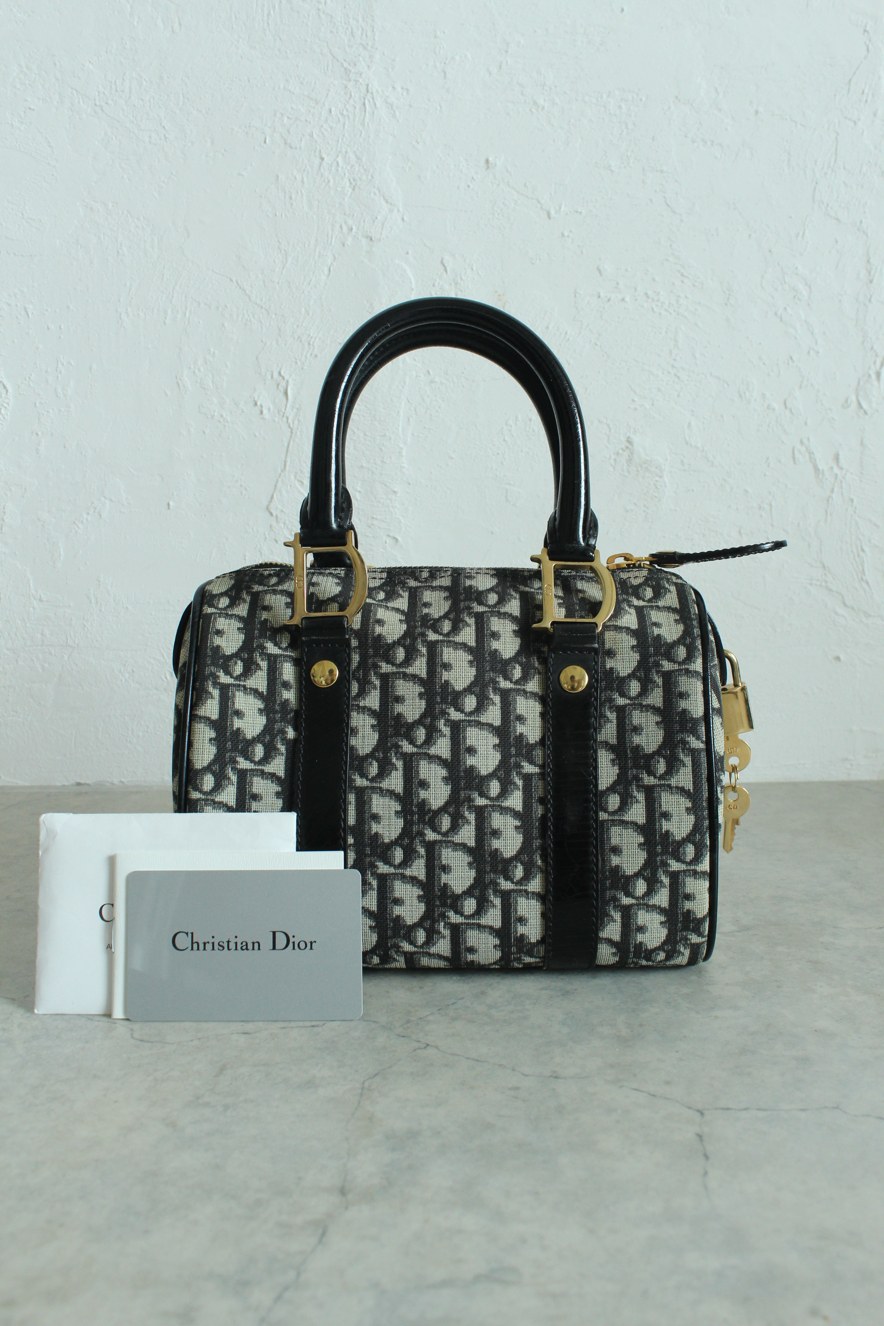 Oblique Canvas Trotter PVC Mini Boston Bag in Navy Blue