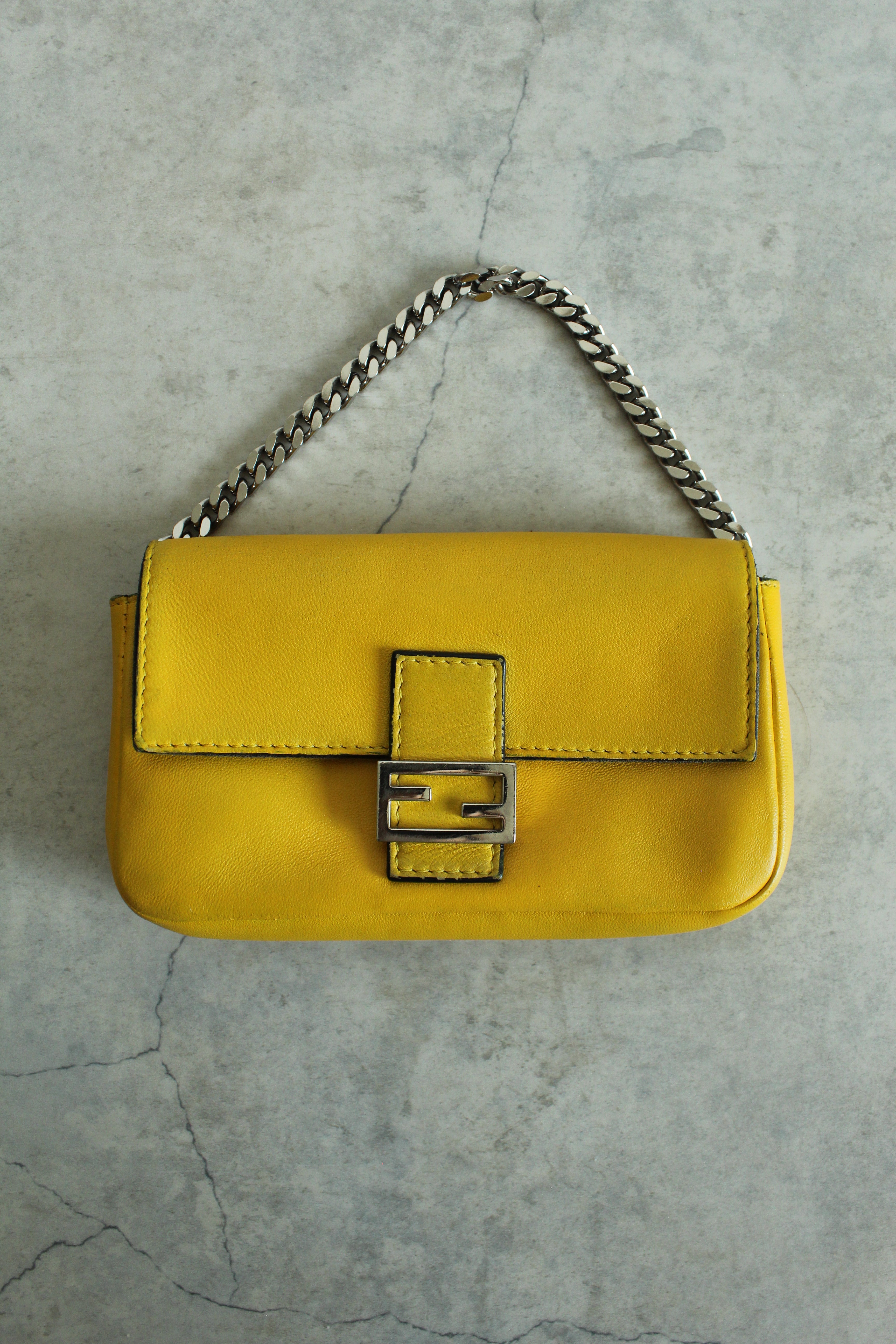 Mini Baguette Bag in Lemon Yellow Leather with Chunky Chain Handle