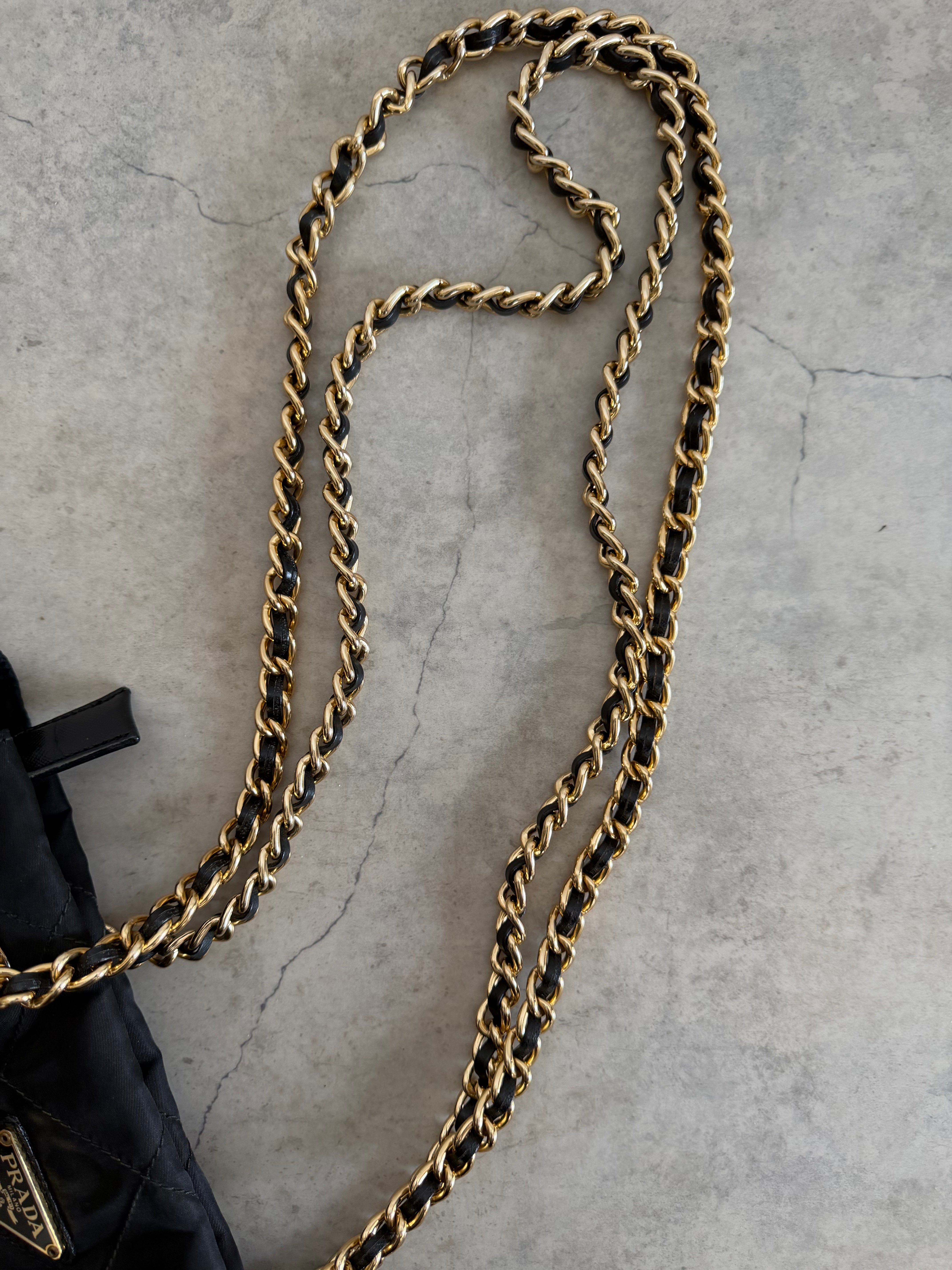 Quilted Tessuto Nylon Chain Shoulder Bag in Black/Gold