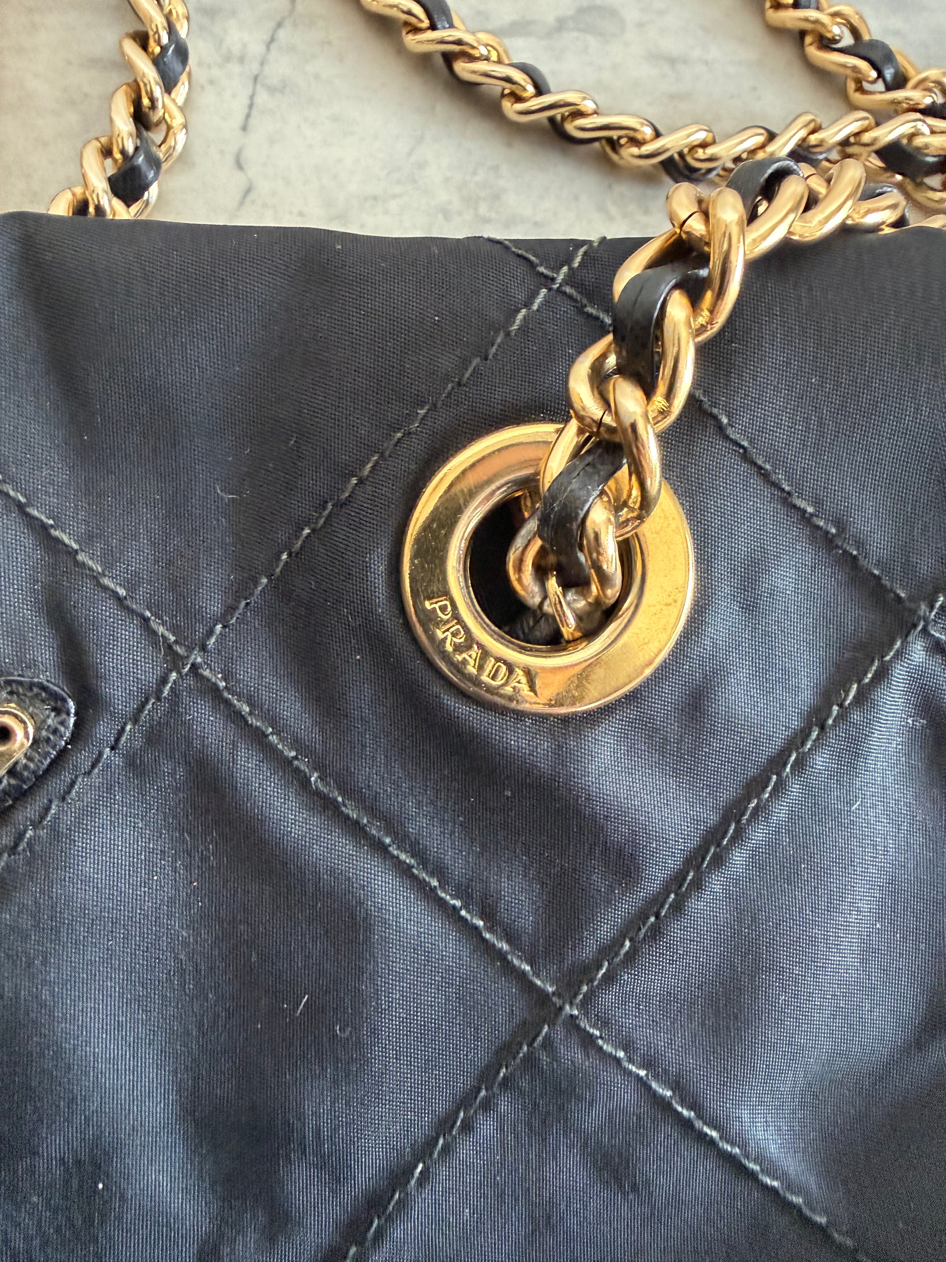 Quilted Tessuto Nylon Chain Shoulder Bag in Black/Gold
