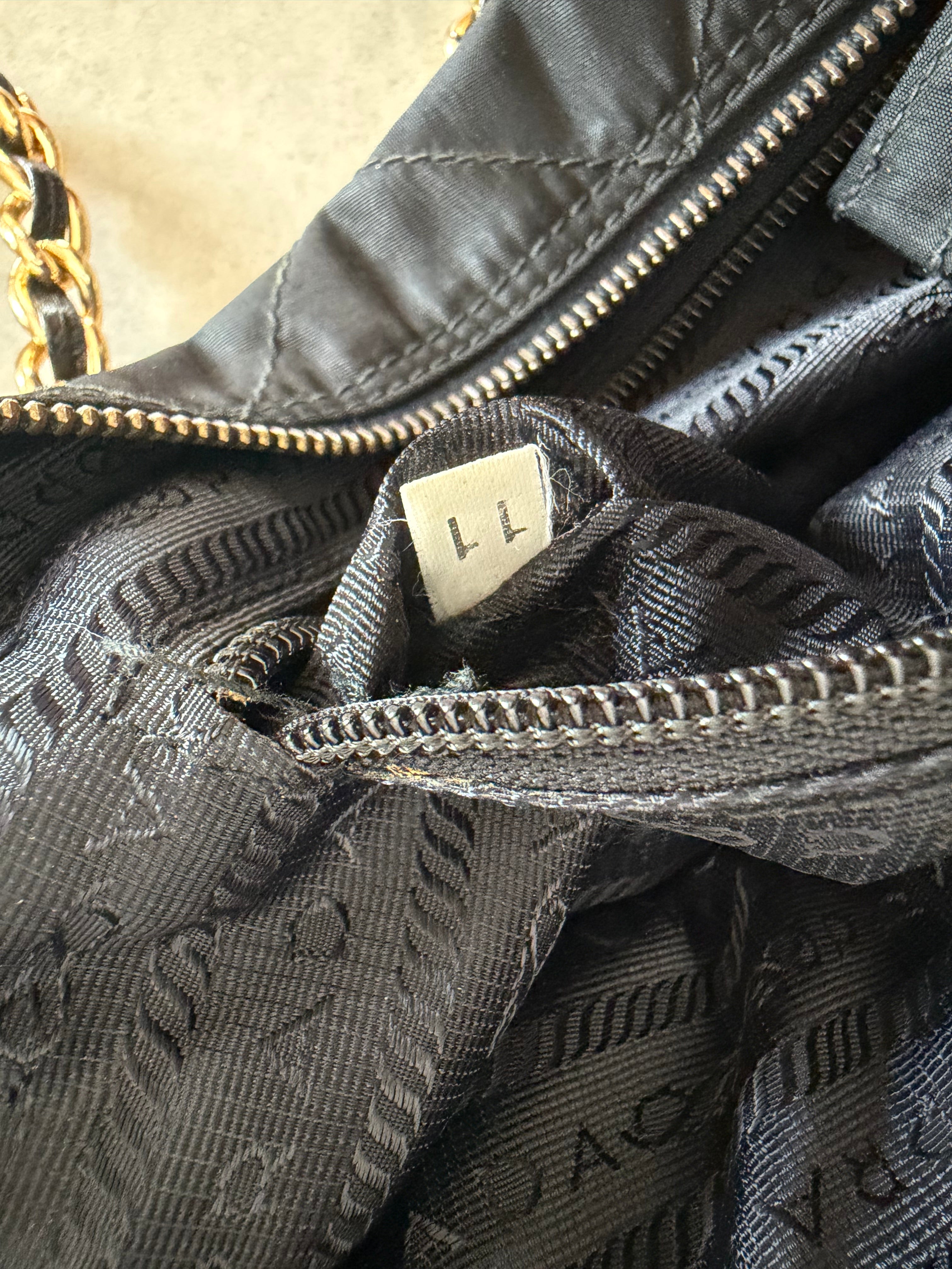Quilted Tessuto Nylon Chain Shoulder Bag in Black/Gold