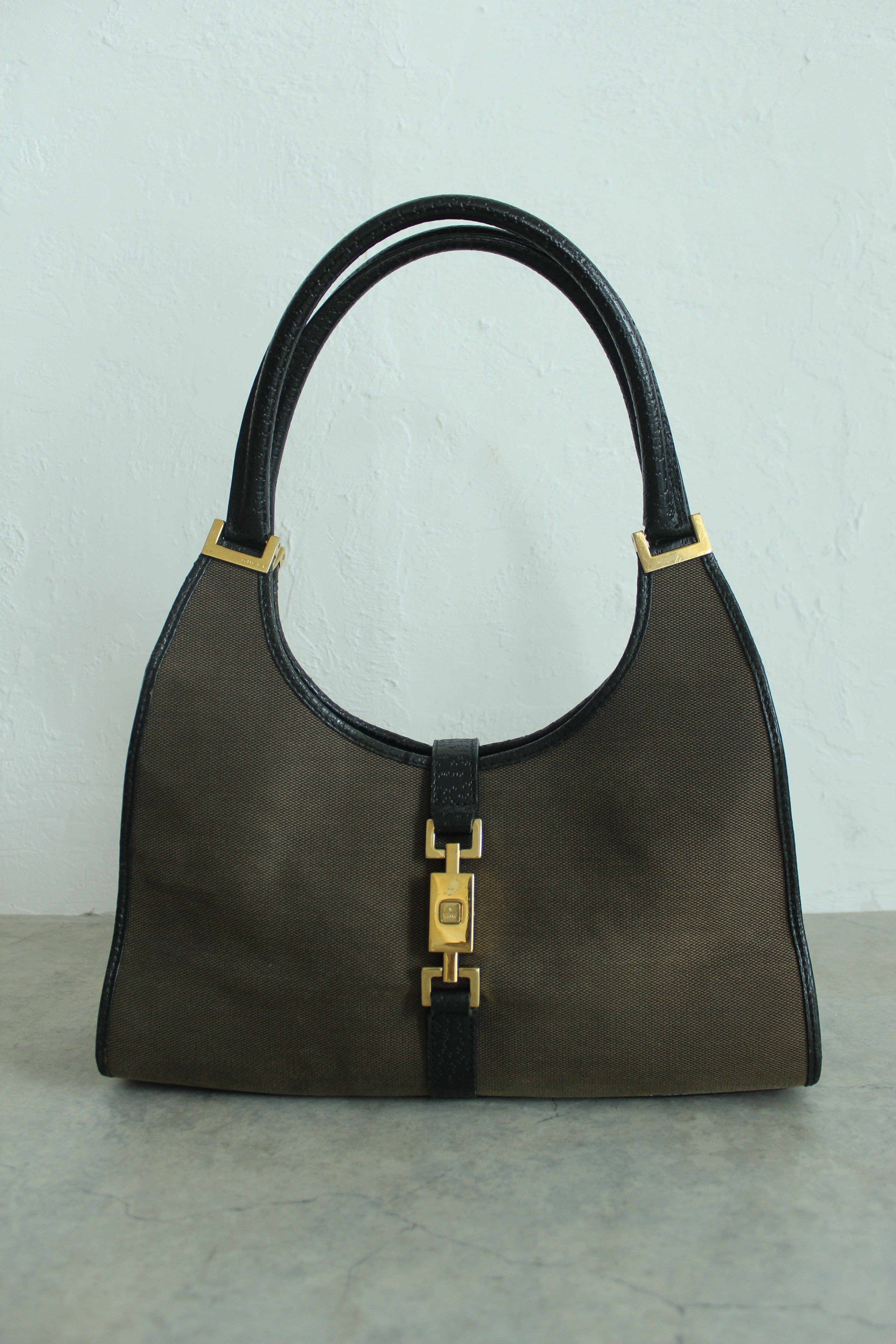 1990s Jackie Hobo Bag Dark Brown Canvas with Black Leather Trim