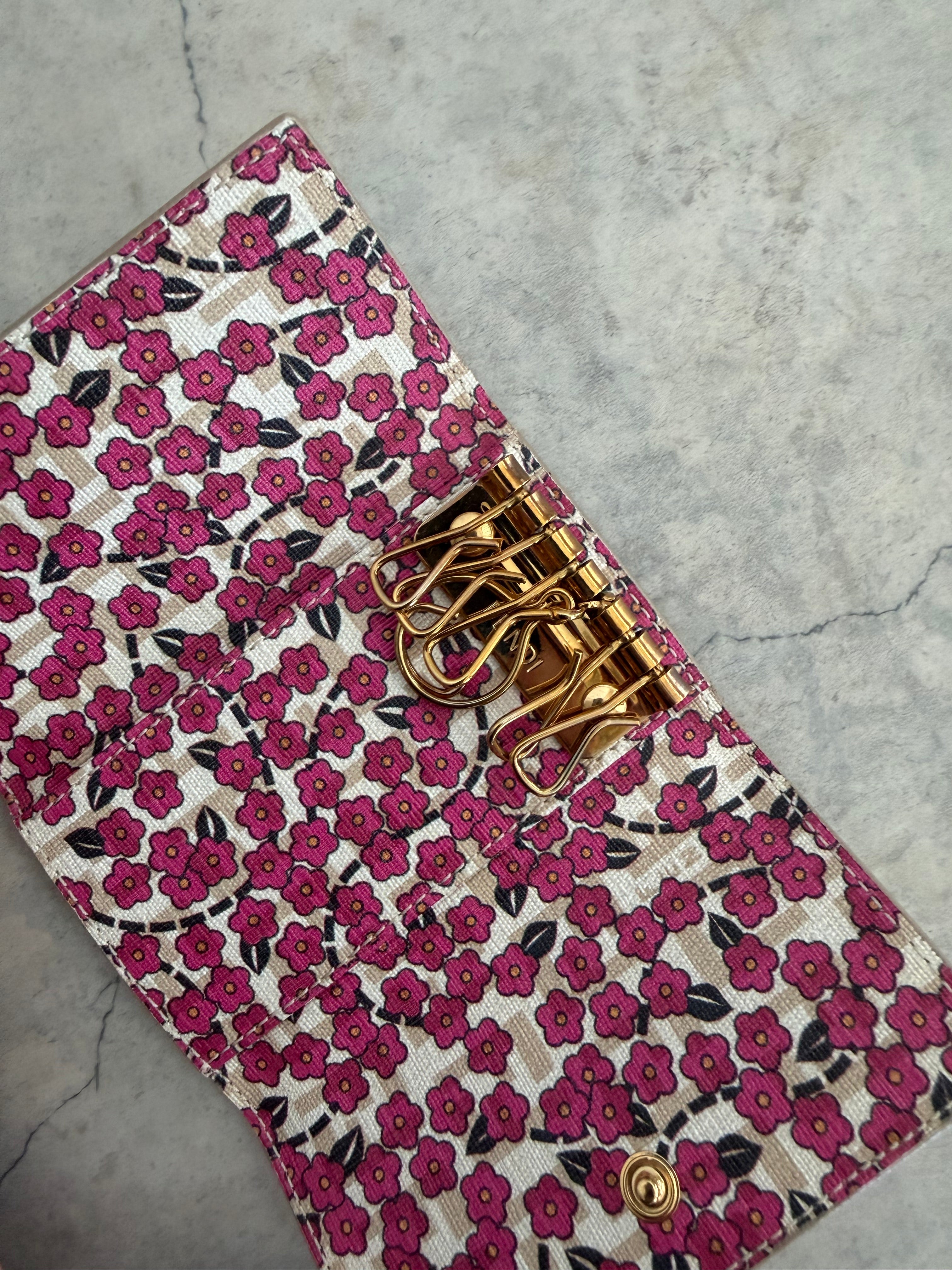 Zucca FF Floral 6 Key Holder Case Pink Beige Gold Hardware