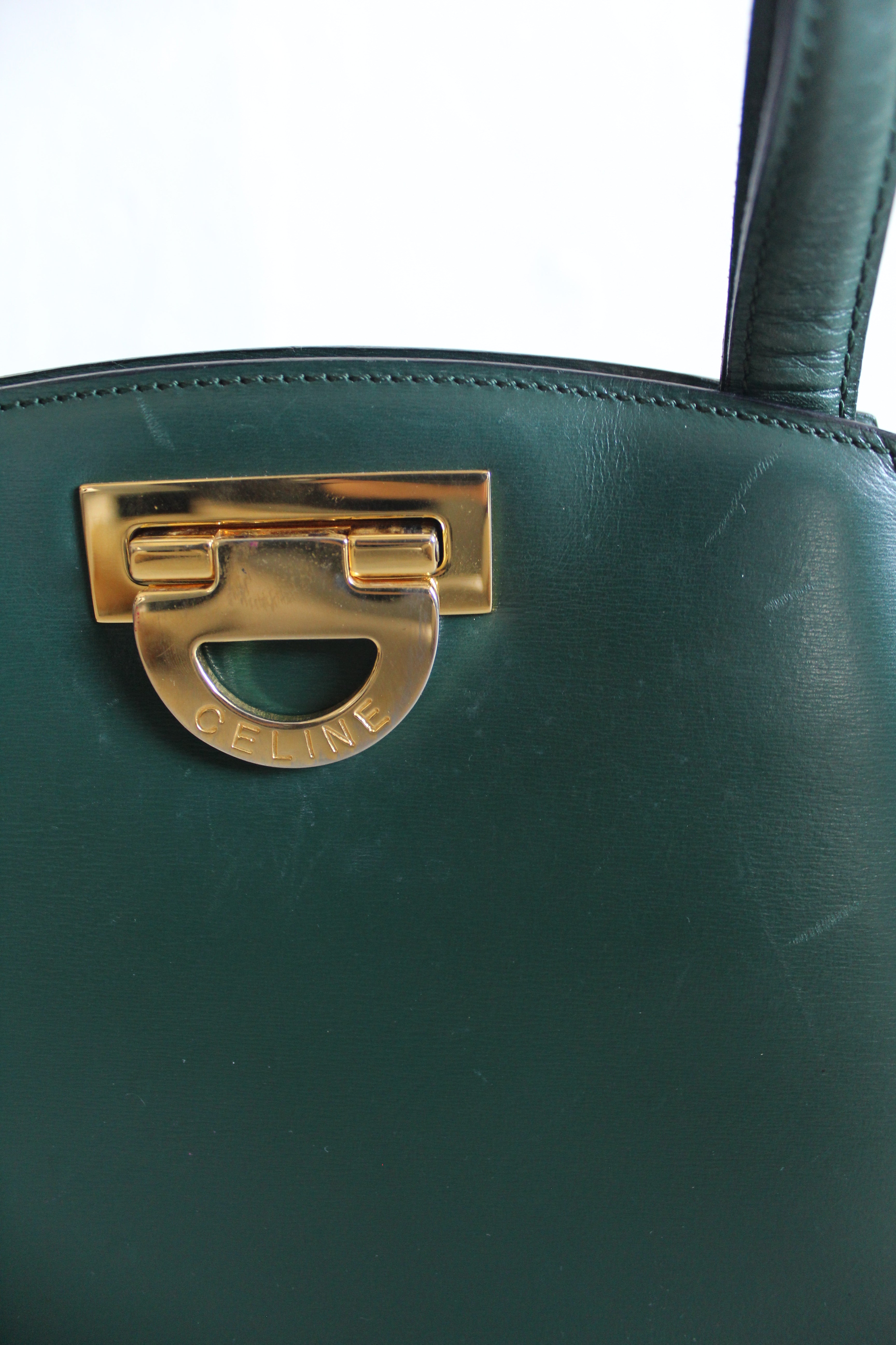 Old Celine Box Calfskin Top handle bag in Emerald Green