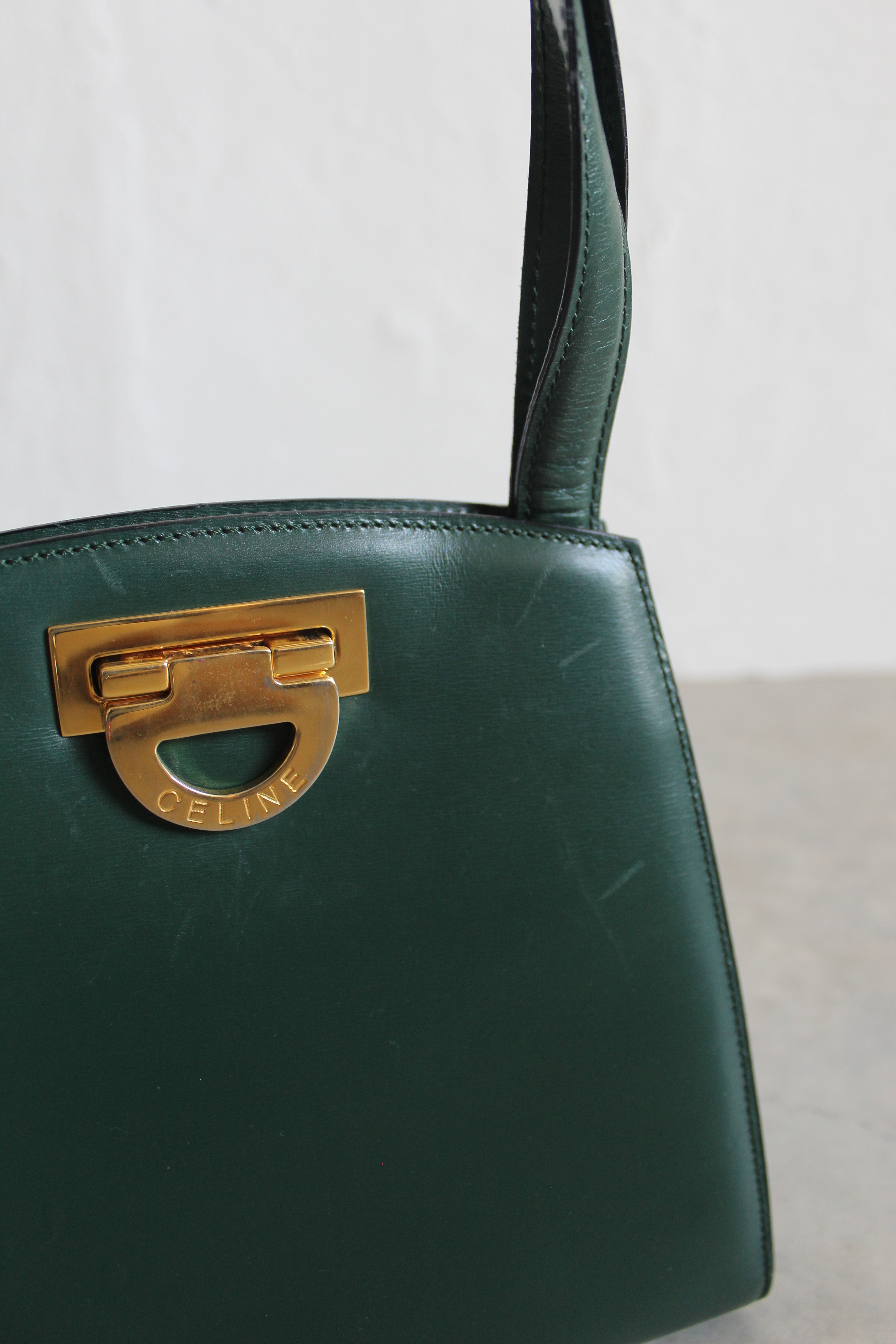 Old Celine Box Calfskin Top handle bag in Emerald Green