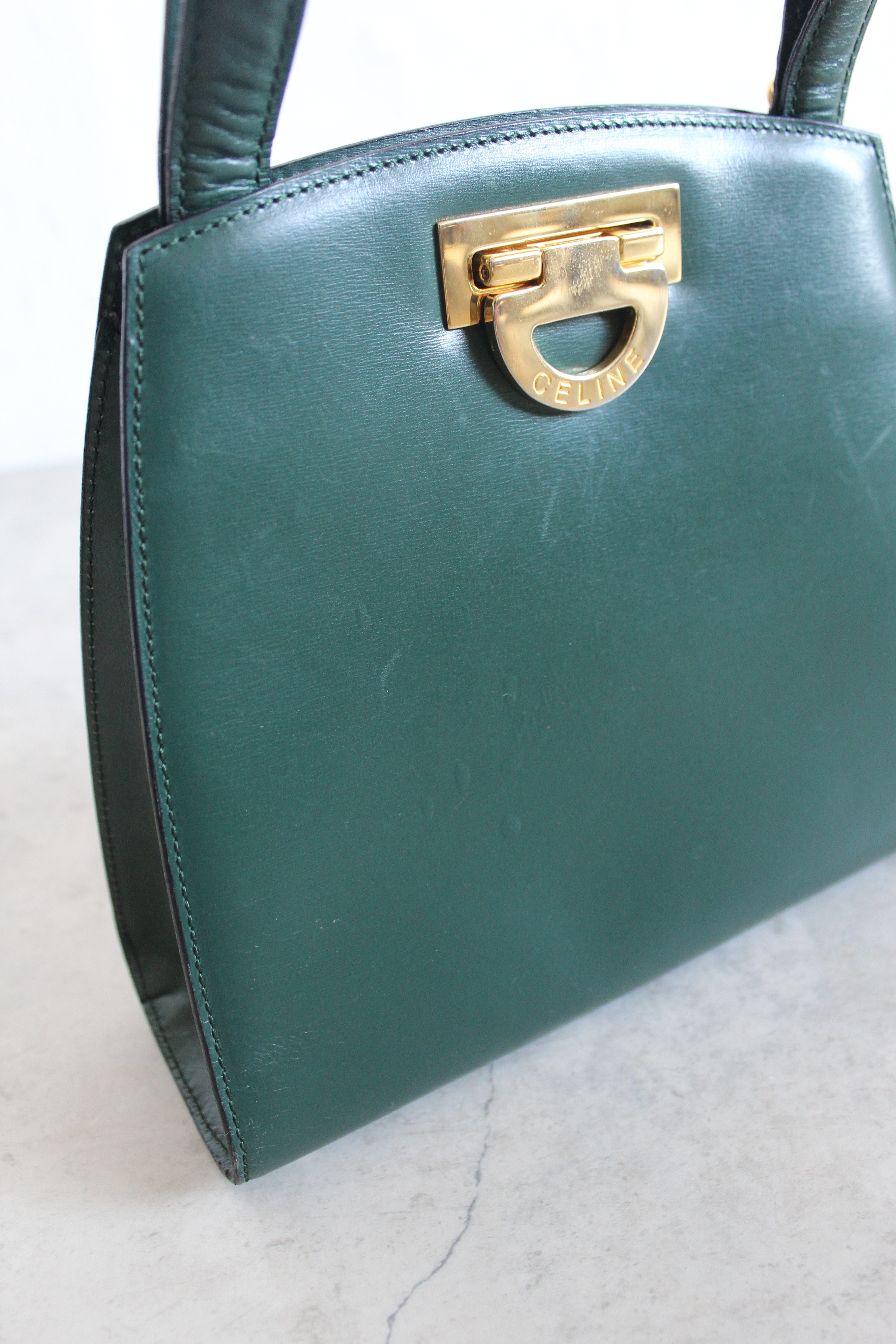 Old Celine Box Calfskin Top handle bag in Emerald Green