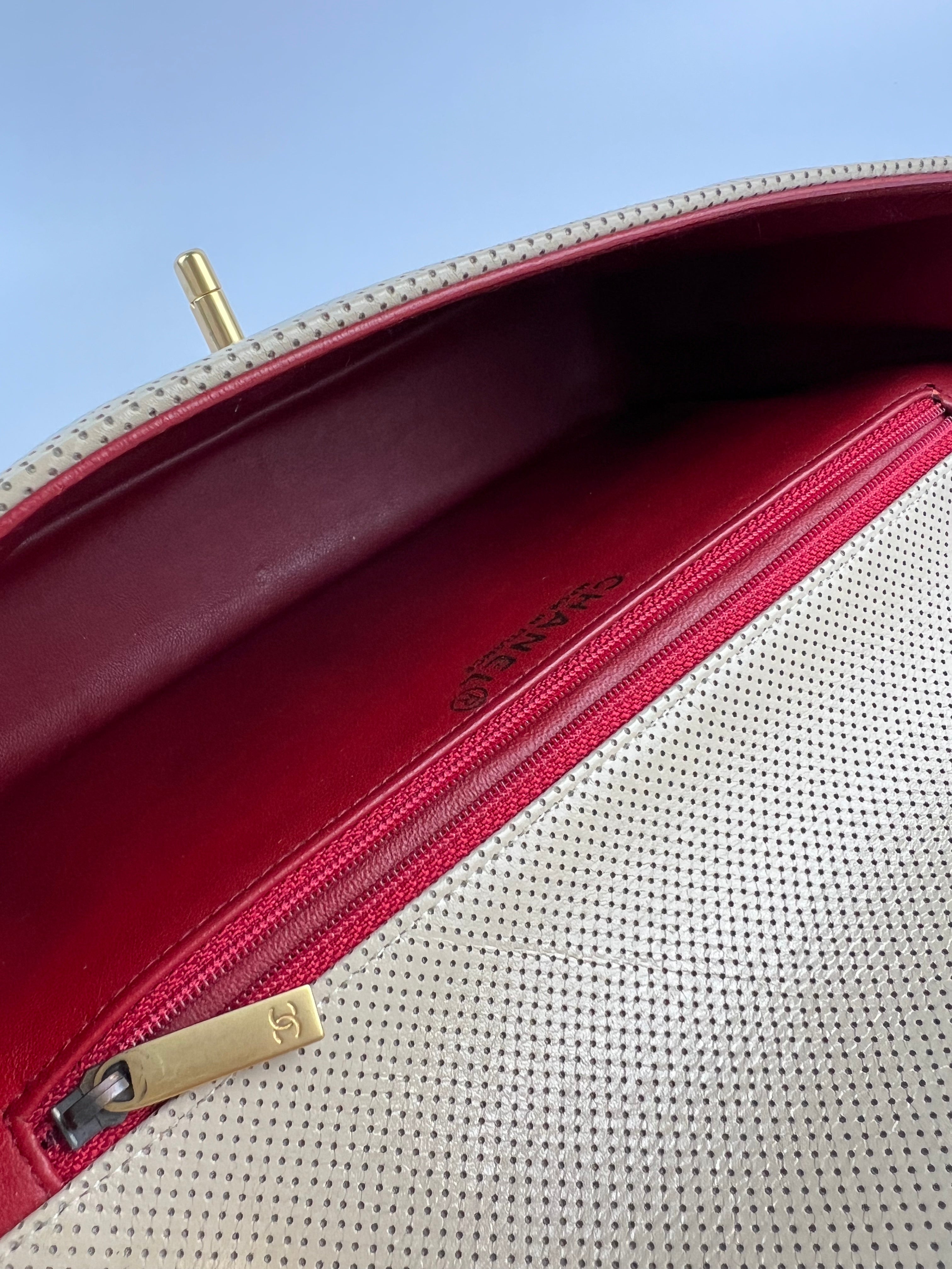 Leather Punching Bicolor Shoulder Bag in Red and Beige