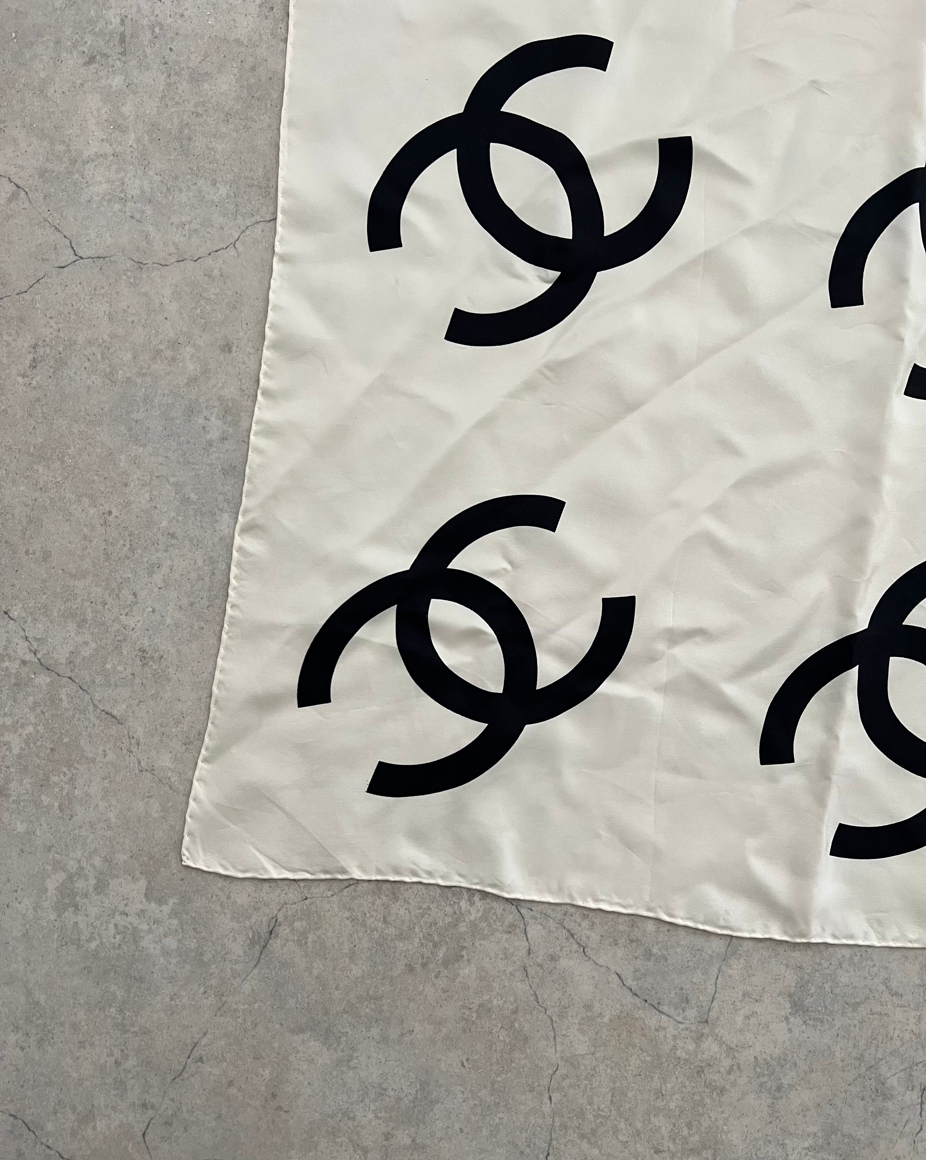 Chanel CC Logo Silk Scarf — White × Black