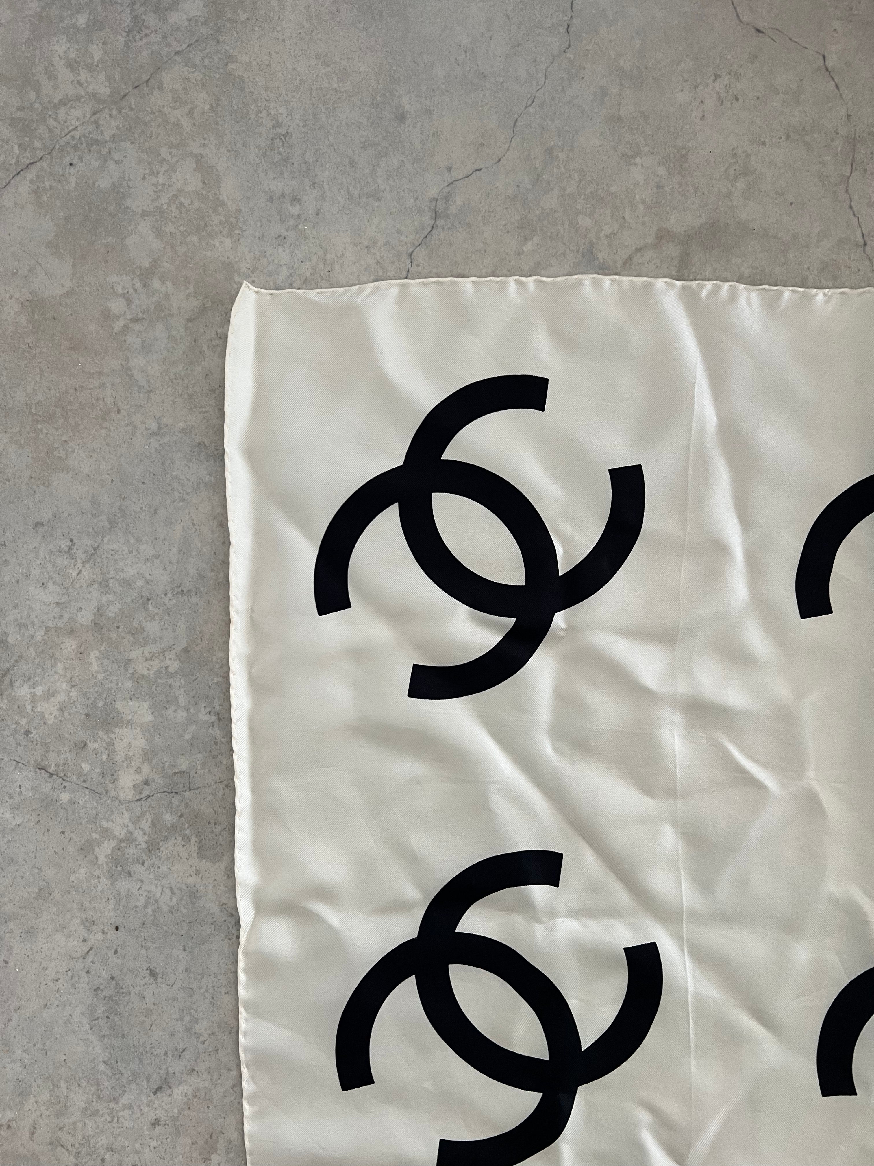 Chanel CC Logo Silk Scarf — White × Black