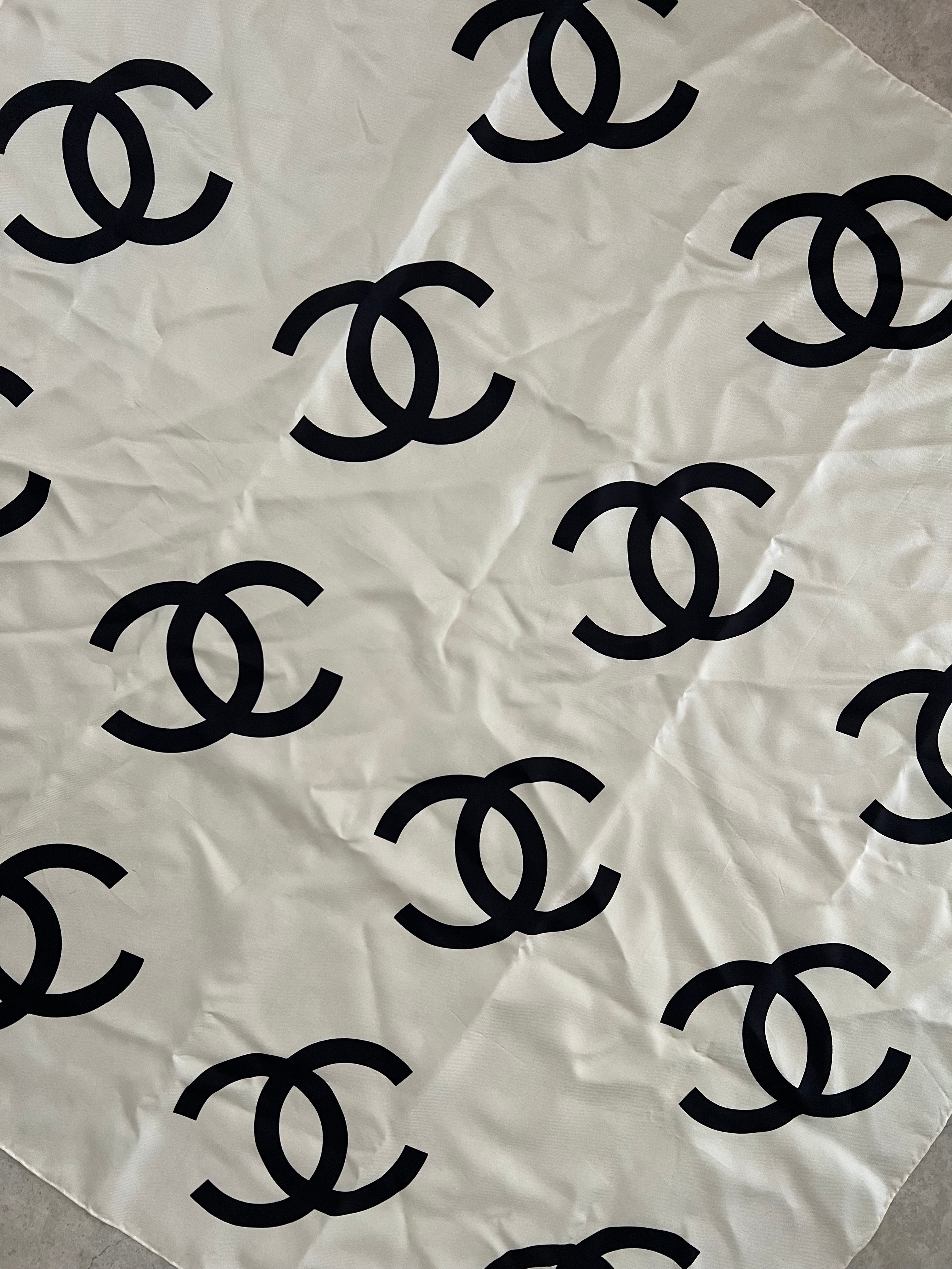 Chanel CC Logo Silk Scarf — White × Black