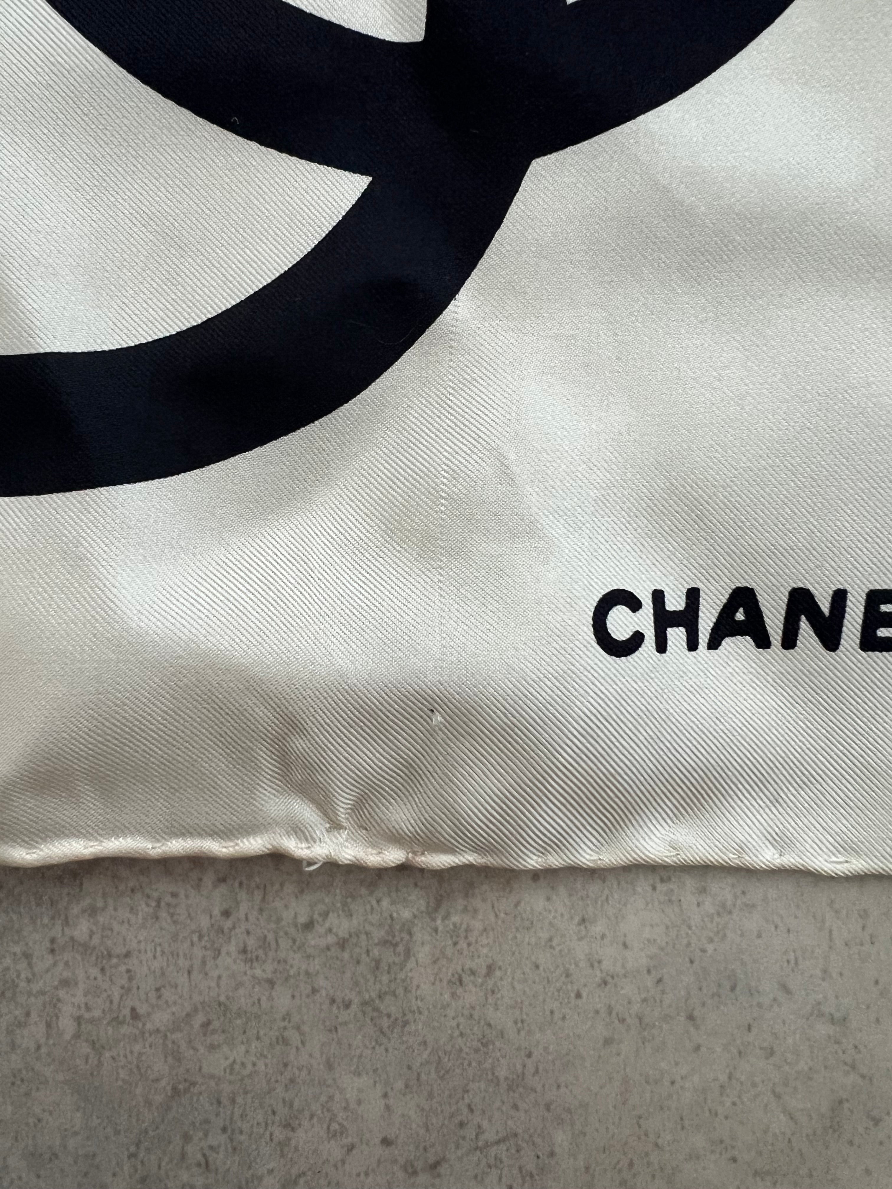 Chanel CC Logo Silk Scarf — White × Black