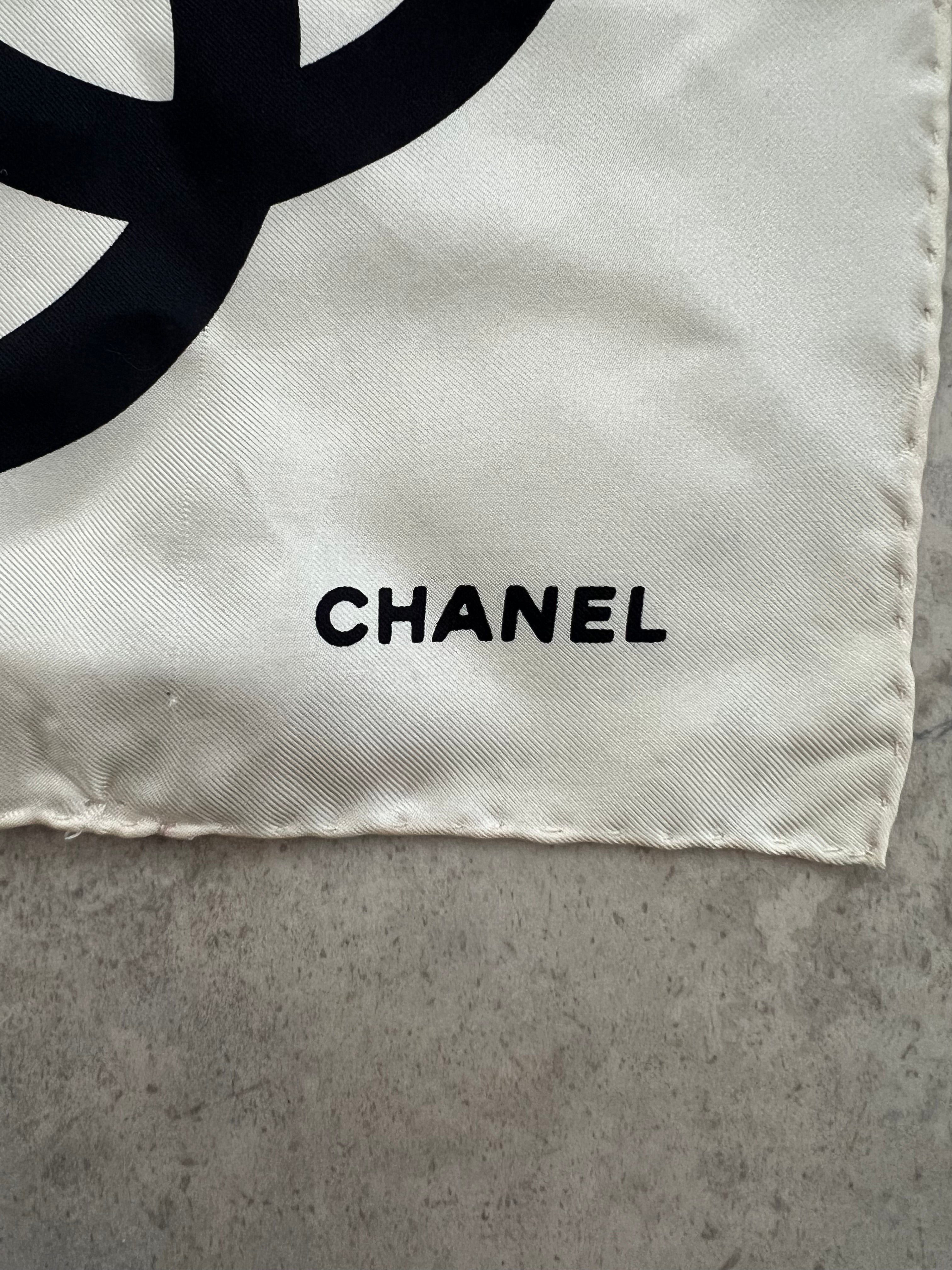 Chanel CC Logo Silk Scarf — White × Black