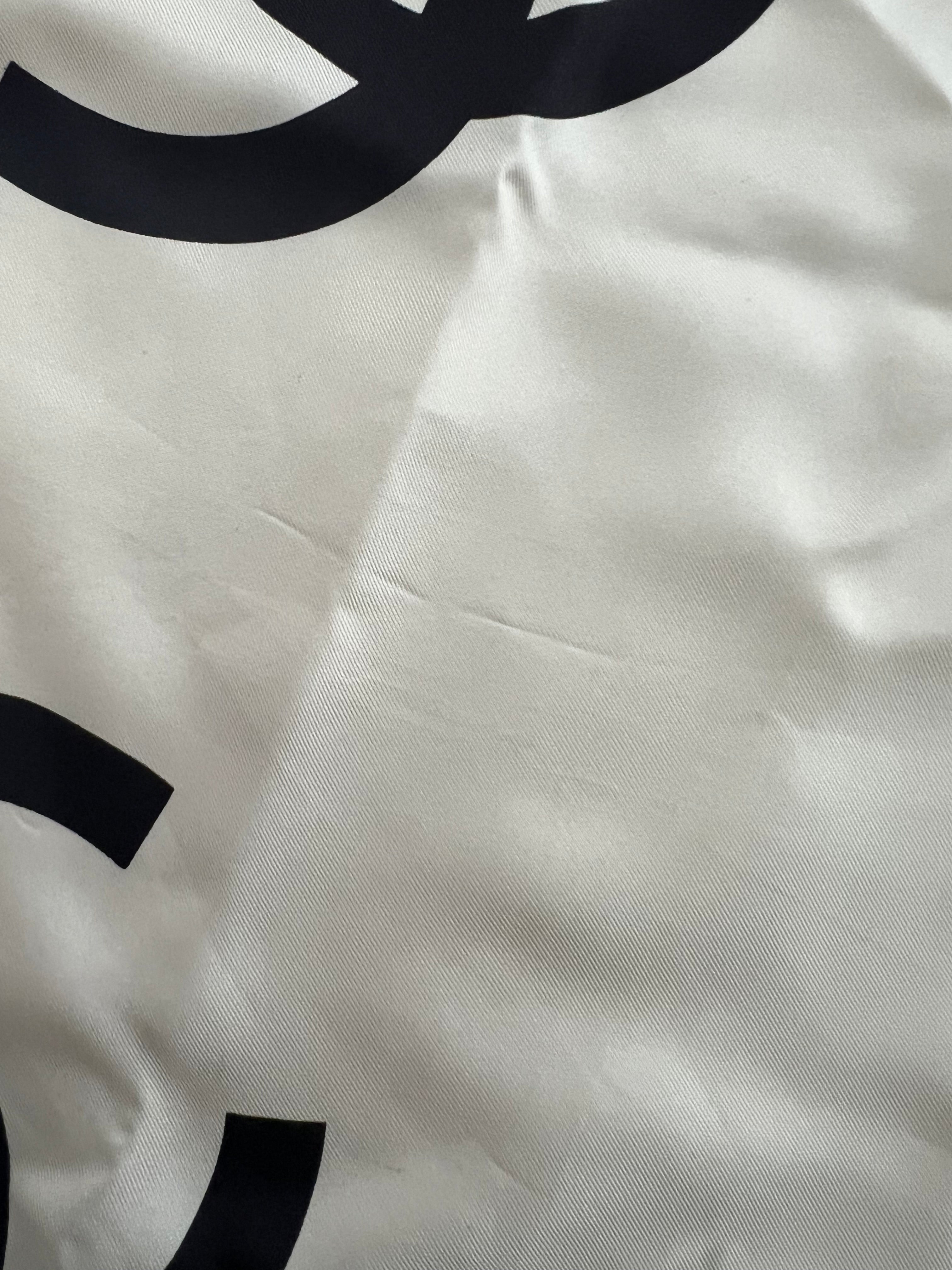 Chanel CC Logo Silk Scarf — White × Black
