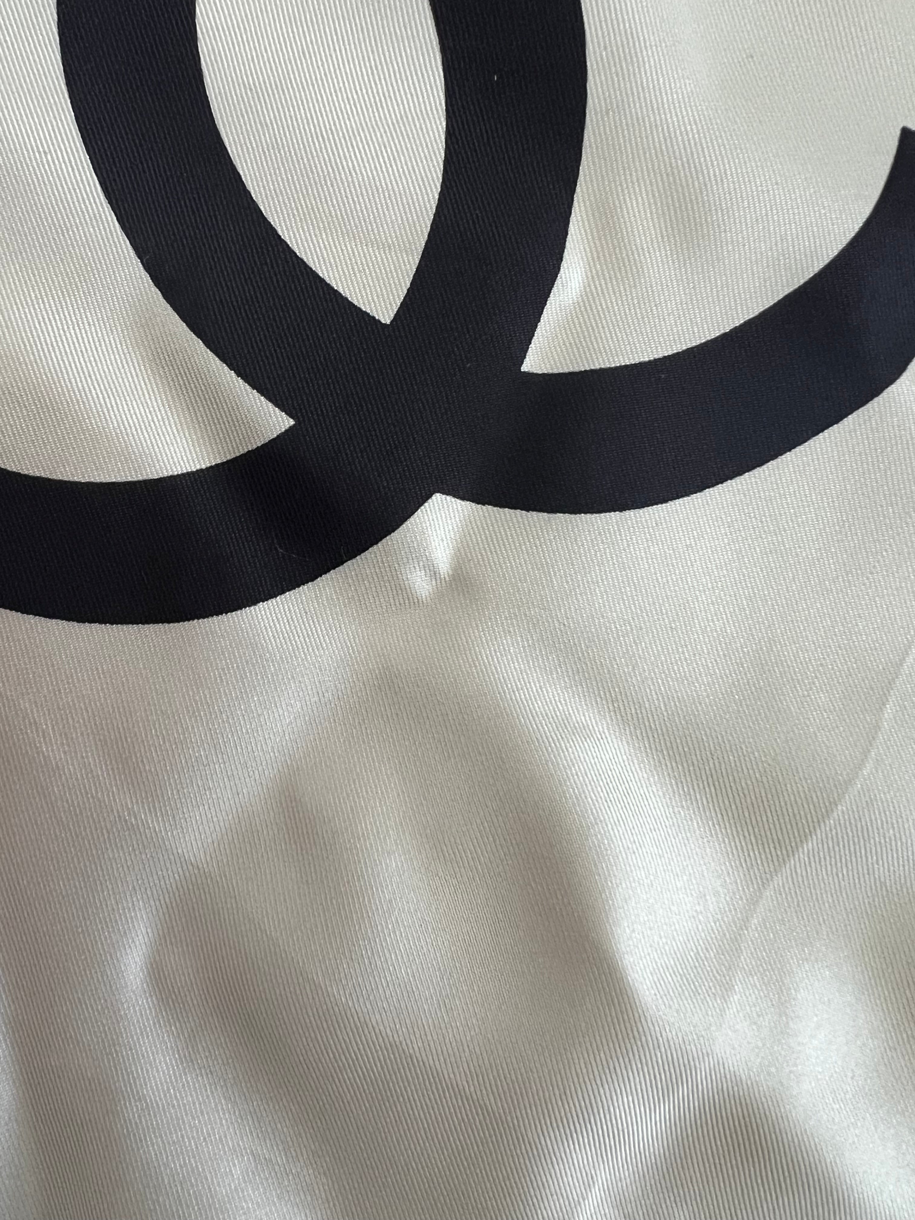 Chanel CC Logo Silk Scarf — White × Black