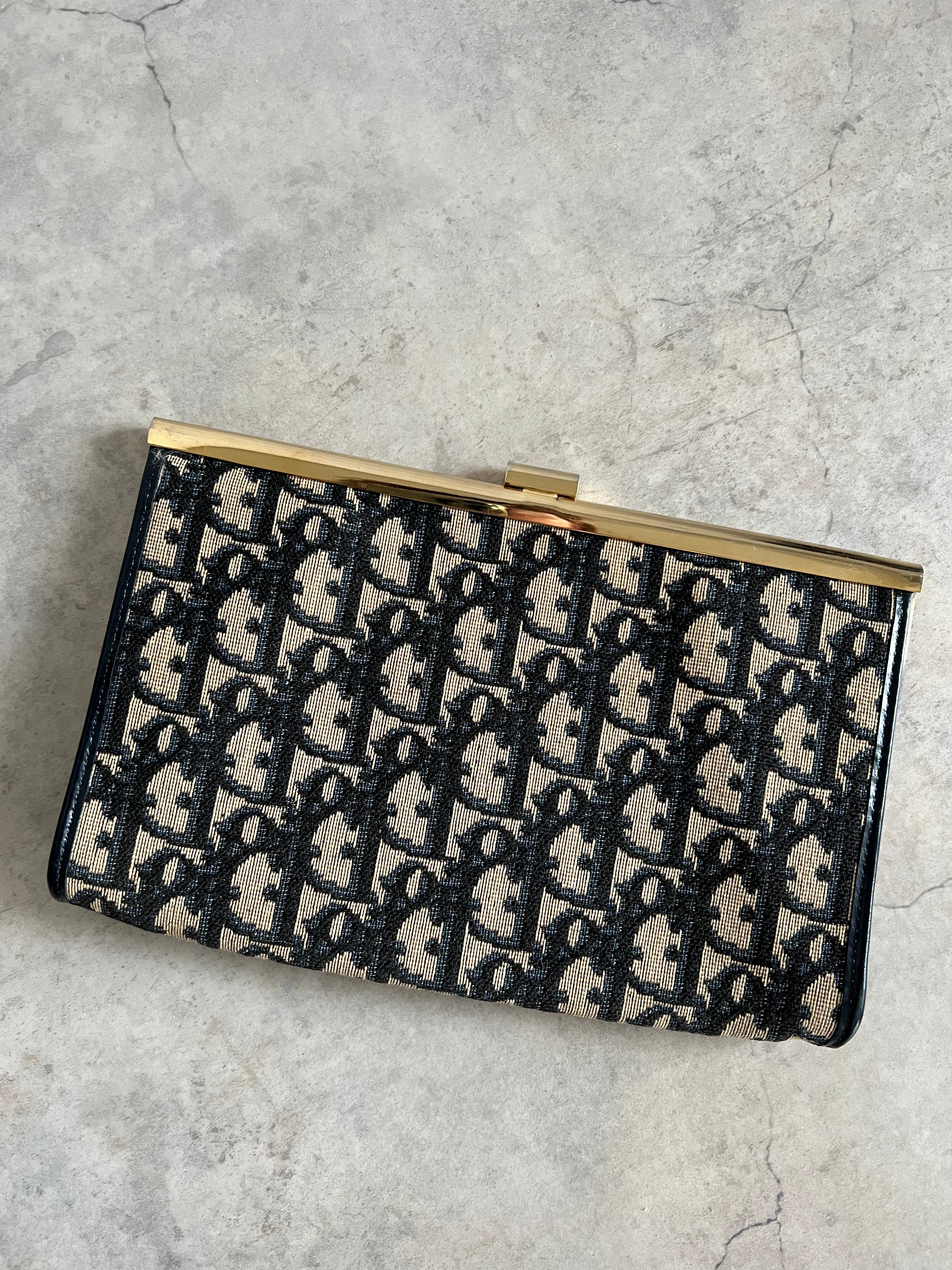 Oblique Jacquard Clutch in Navy Blue with Goldtone Frame