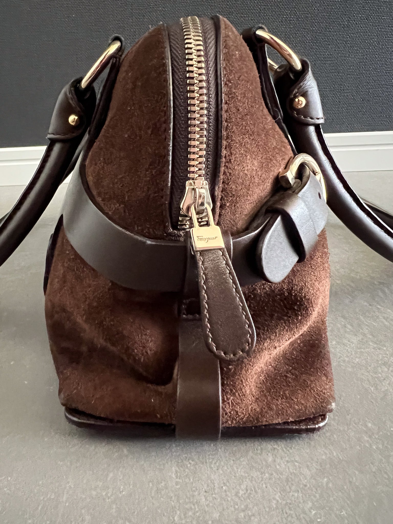 Belt-Buckle Suede Bag in Brown