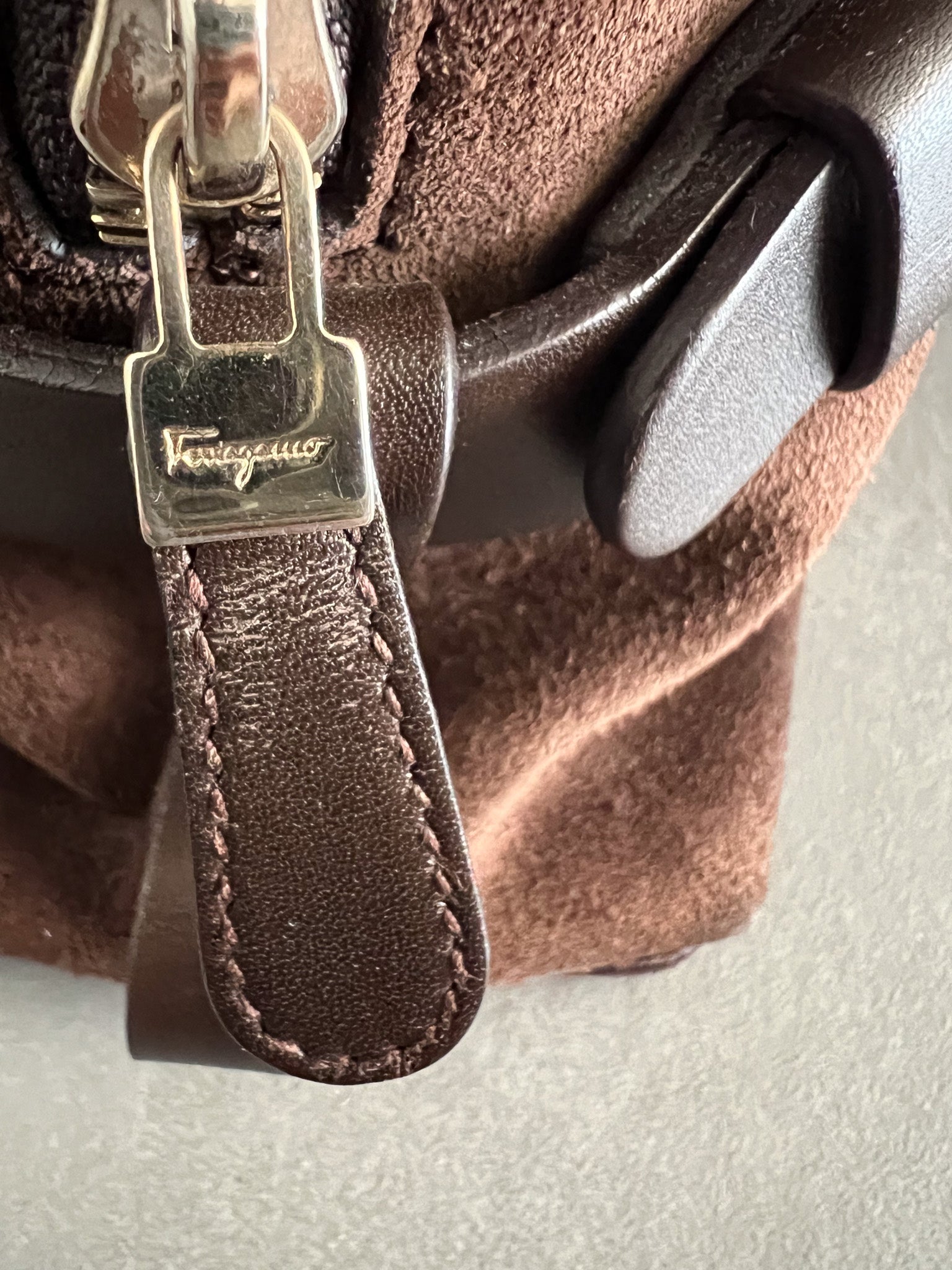 Belt-Buckle Suede Bag in Brown