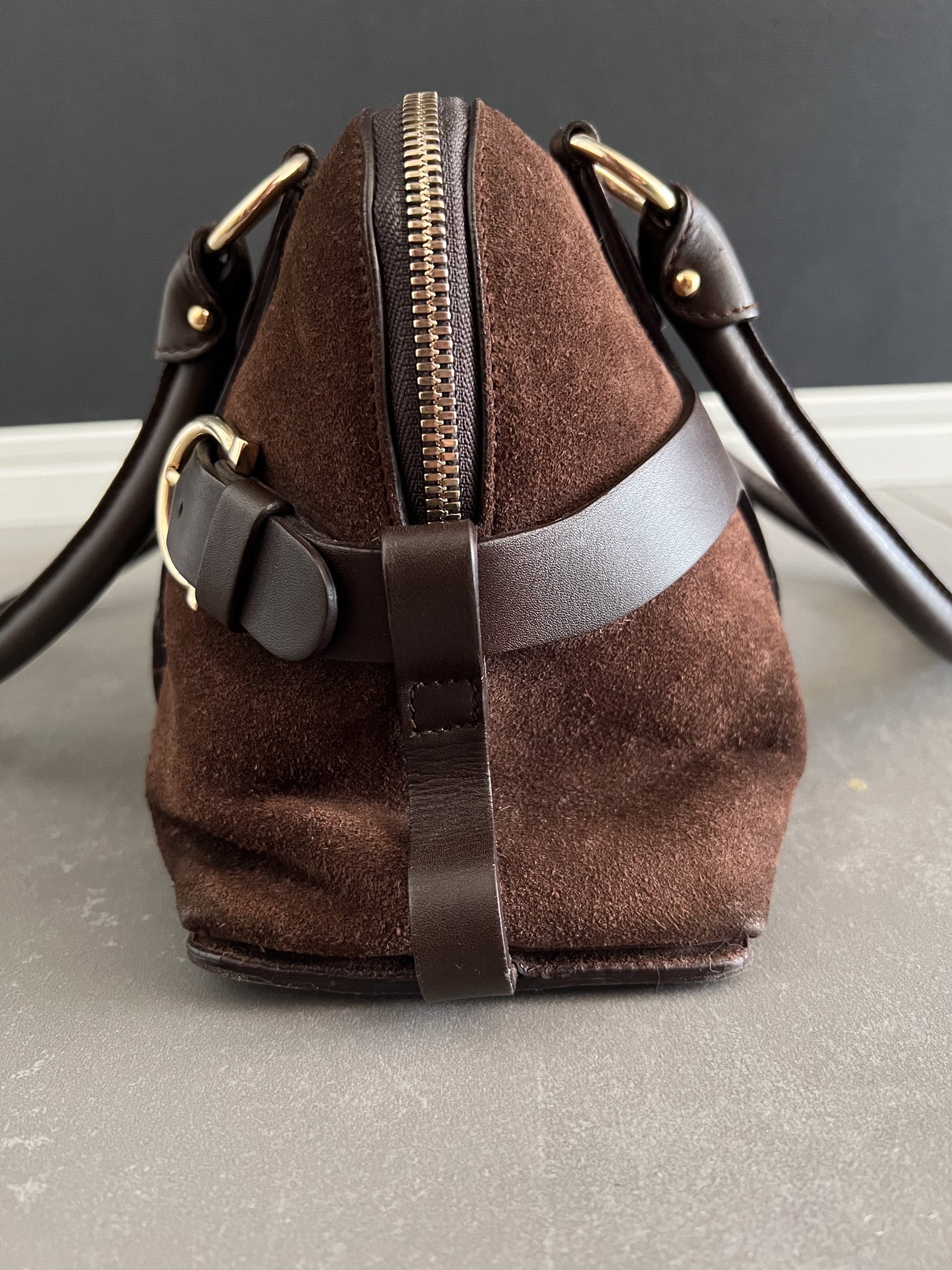 Belt-Buckle Suede Bag in Brown