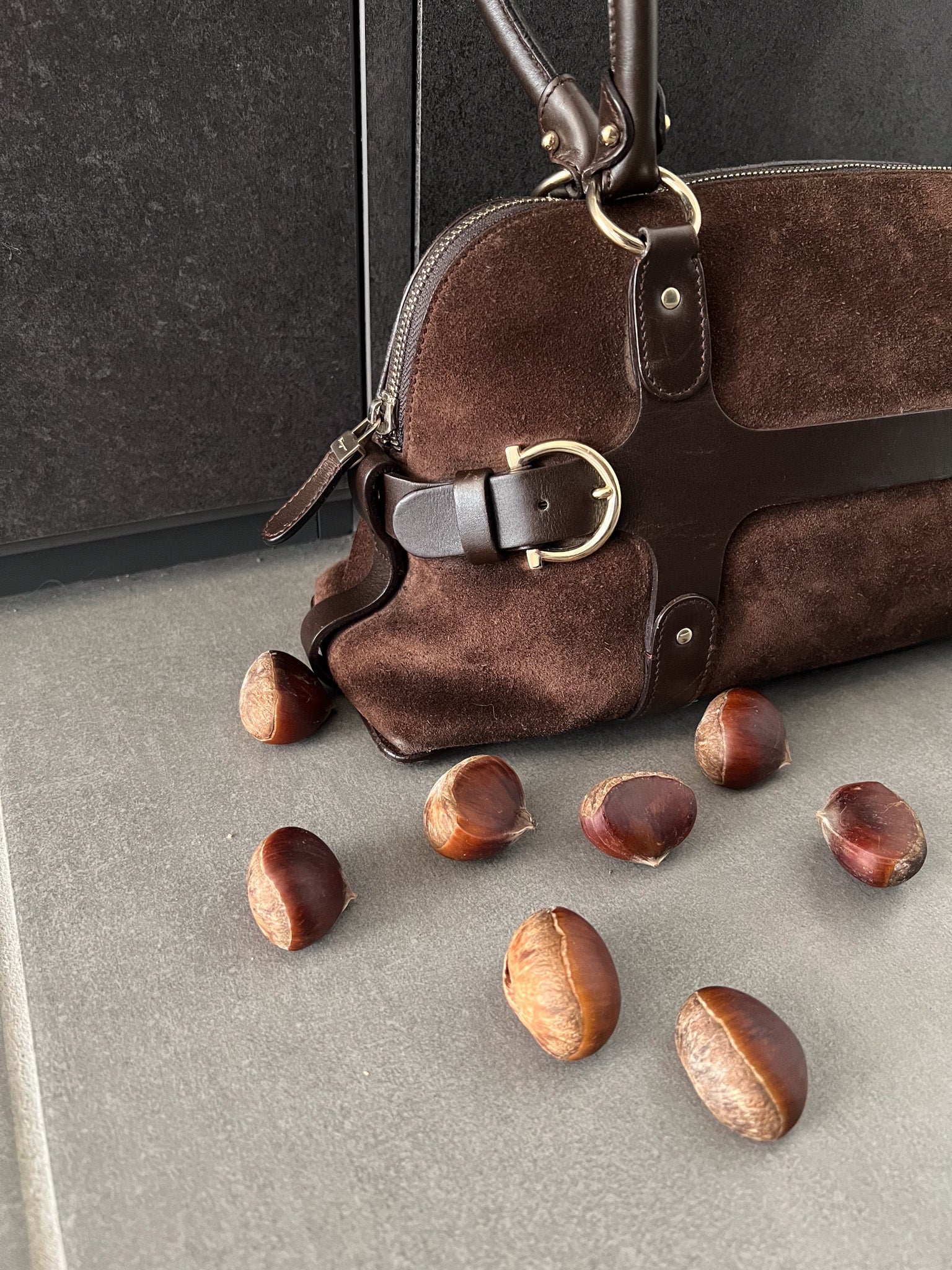 Belt-Buckle Suede Bag in Brown