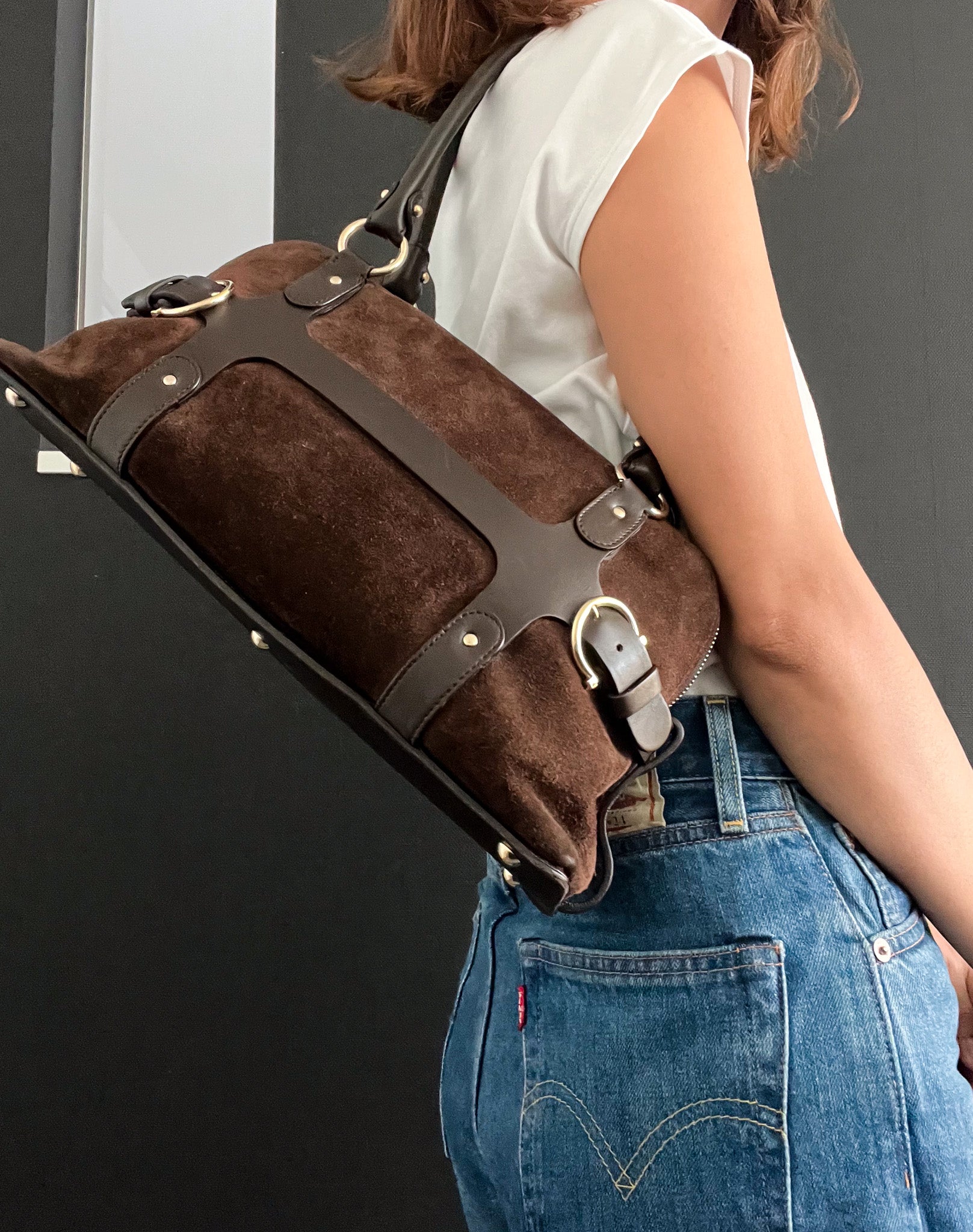 Belt-Buckle Suede Bag in Brown