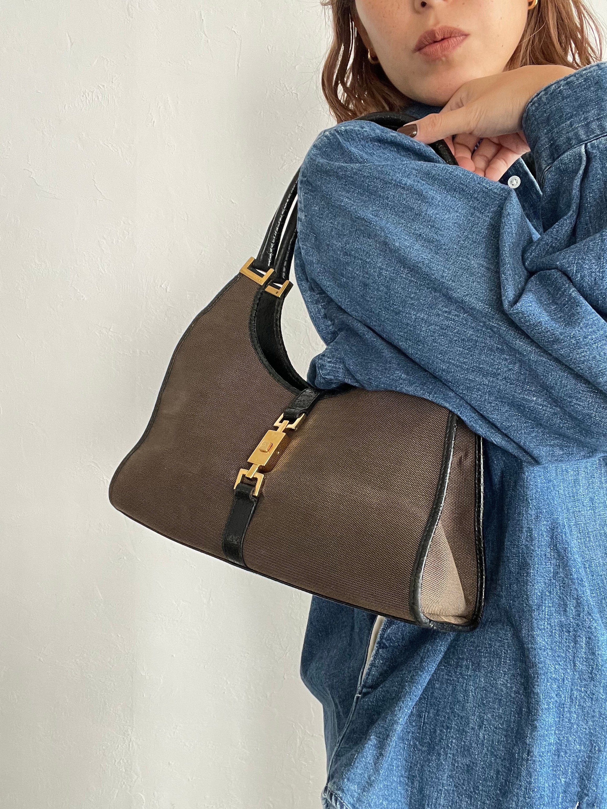 1990s Jackie Hobo Bag Dark Brown Canvas with Black Leather Trim