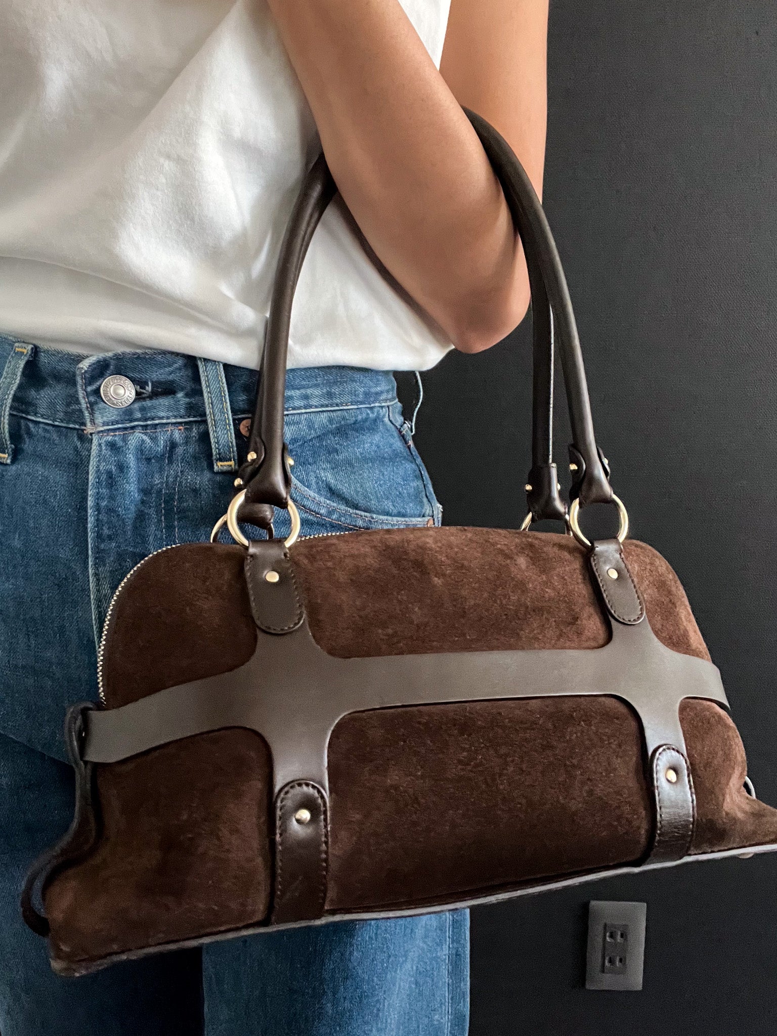 Belt-Buckle Suede Bag in Brown