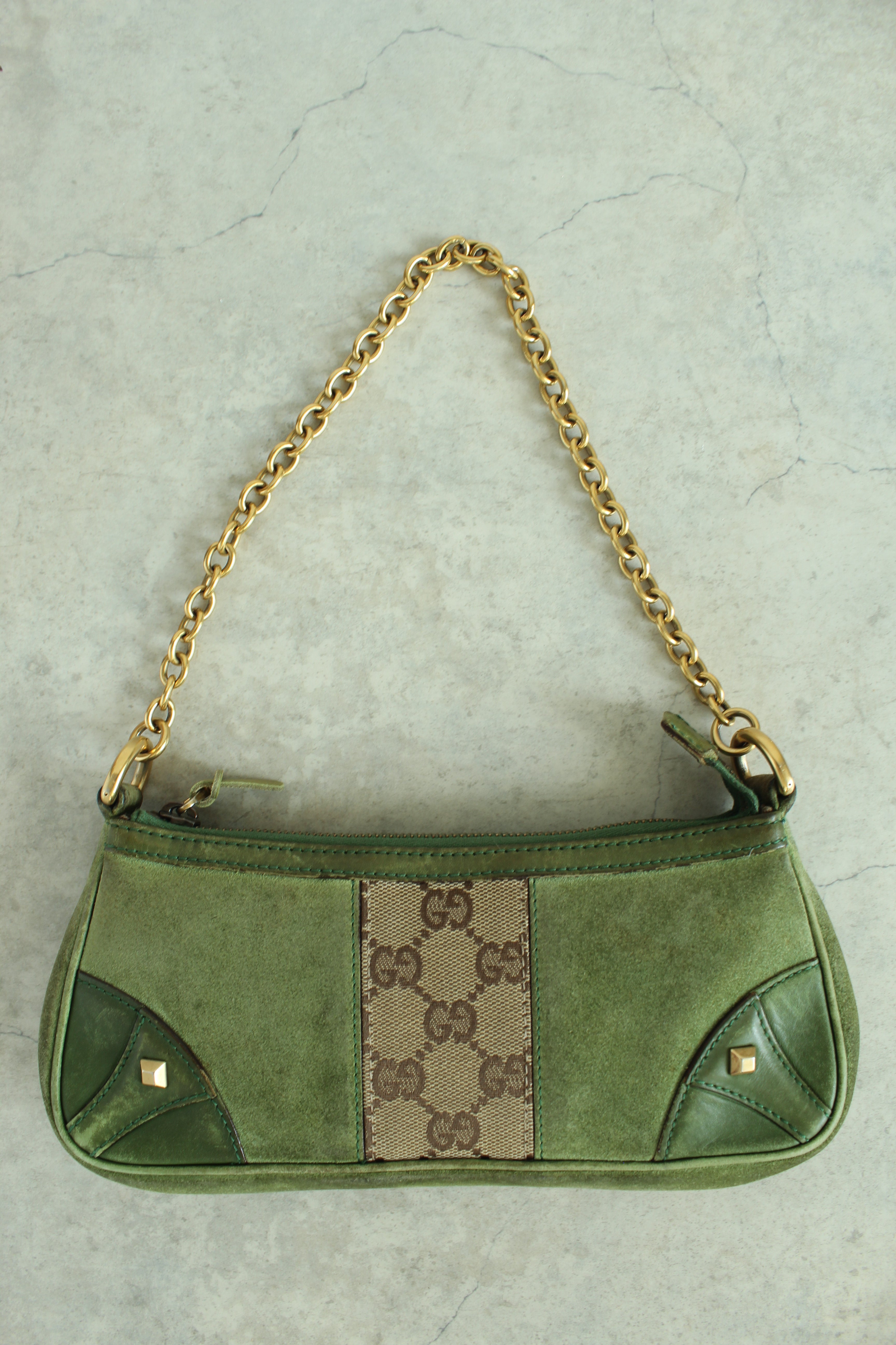 Chain Canvas Mini Purse in Green Suede