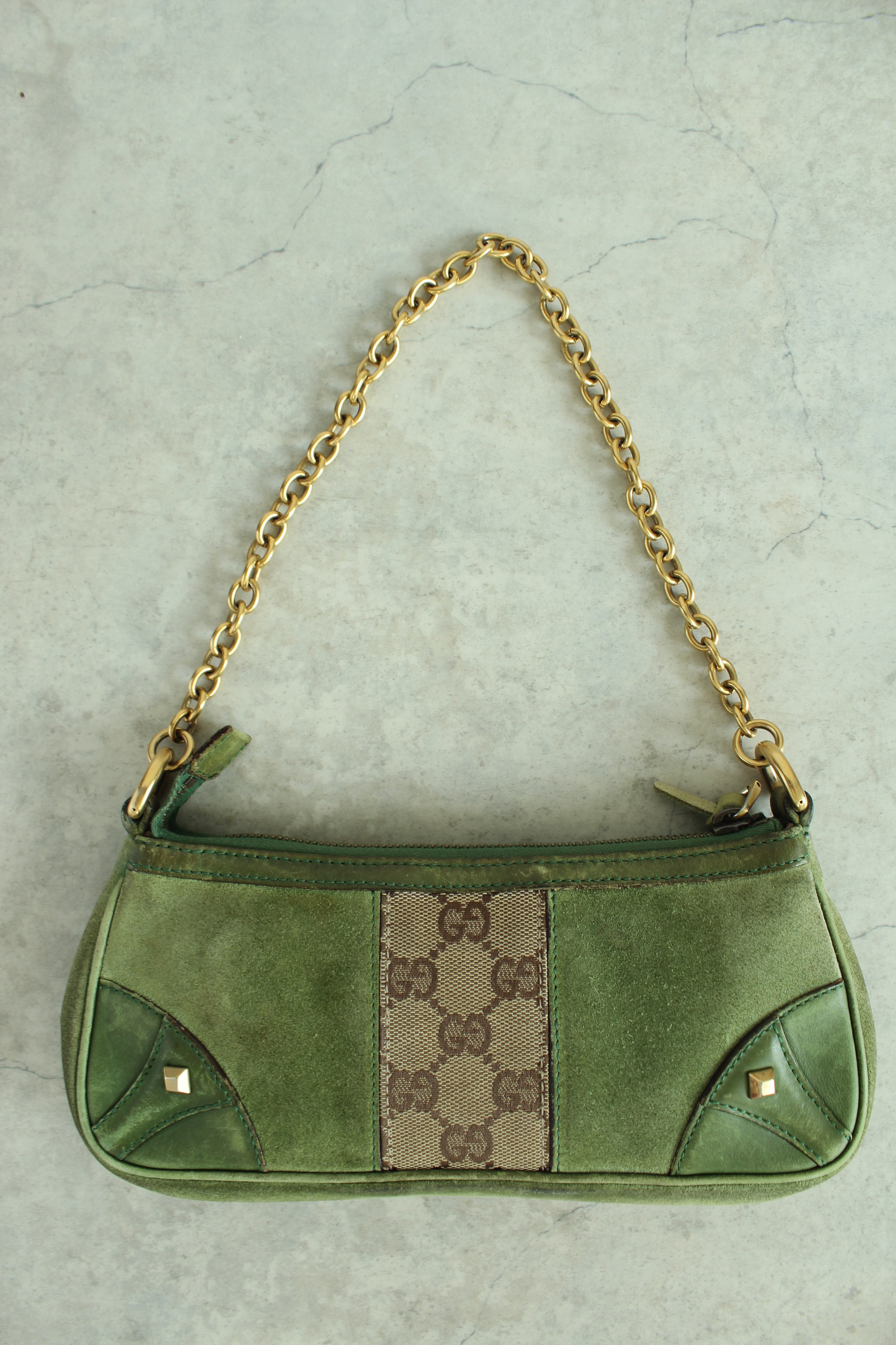 Chain Canvas Mini Purse in Green Suede