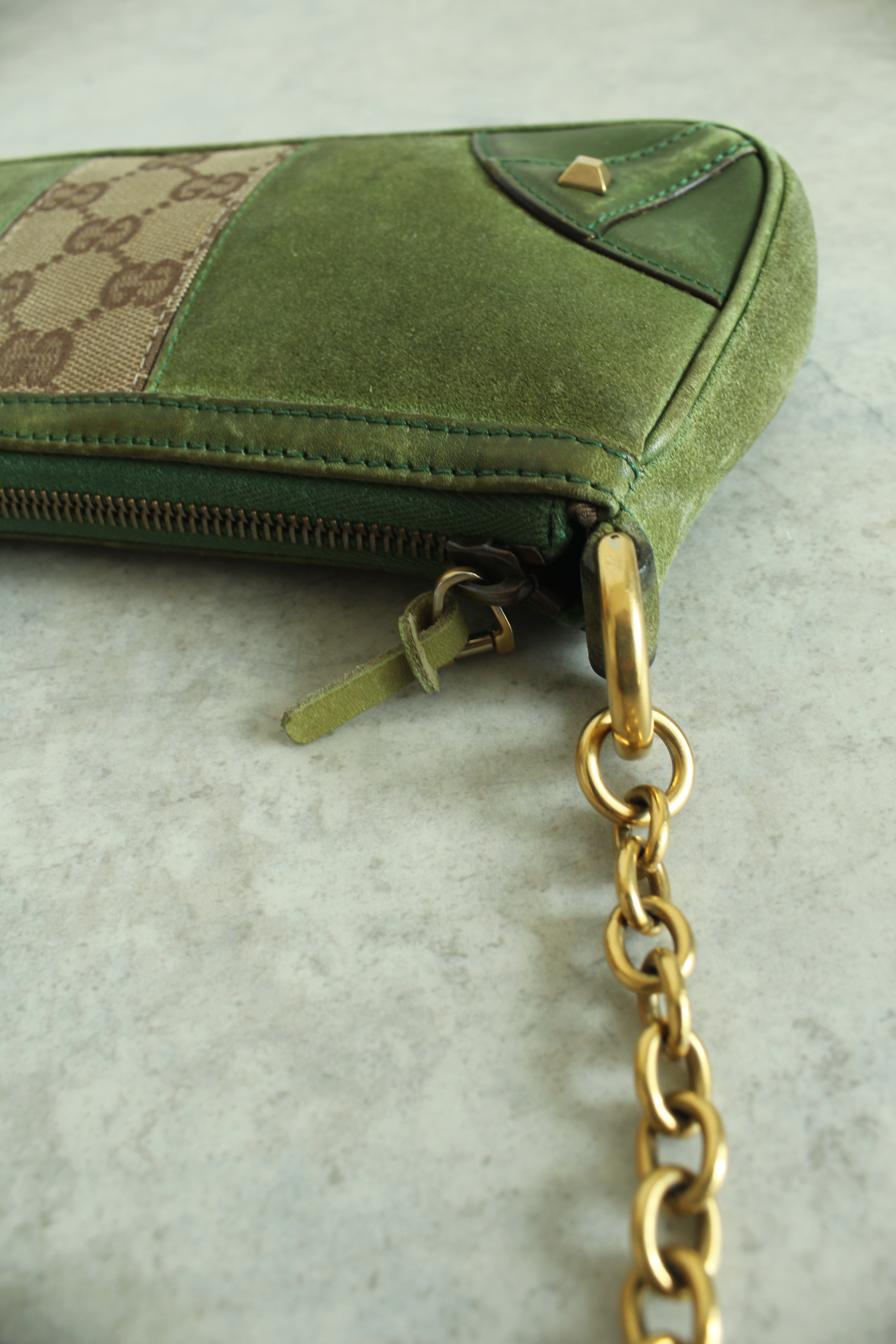 Chain Canvas Mini Purse in Green Suede