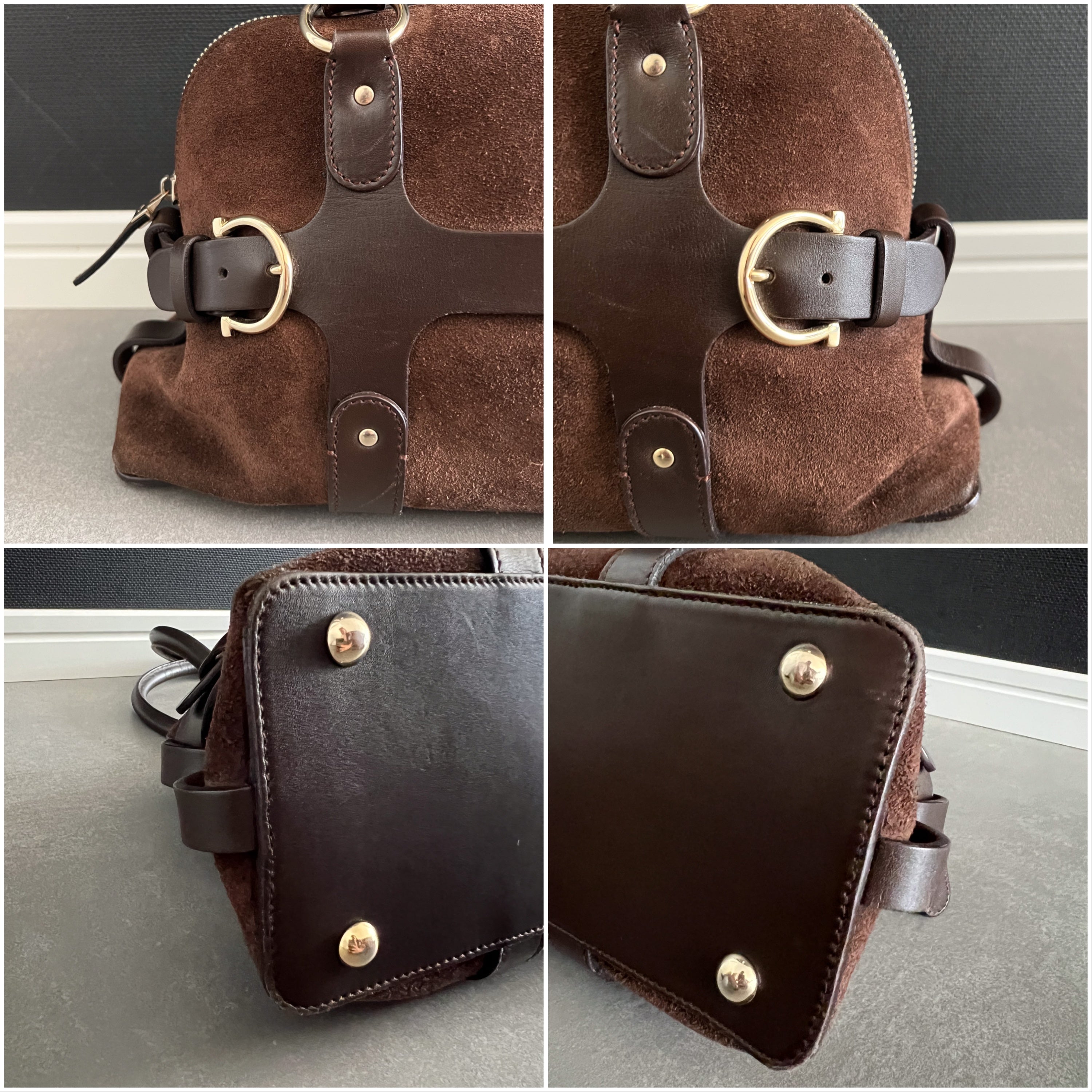Belt-Buckle Suede Bag in Brown